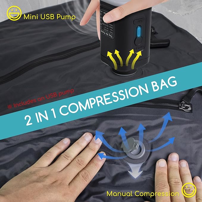 2 Pack Vacuum Bags for Travel with Air Pump, TPU Reusable Vacuum Compression Bags for Travel with Waterproof Zipper, Space Saver Bag for Suitcase, Backpack, Black