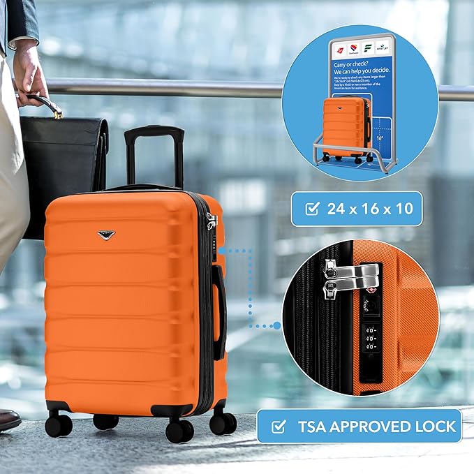 24x16x10 Expandable Carry On Suitcase Hardside TSA Lock USB C Lightweight Luggage Silent Double Spinner Wheels Maximum Overhead Carry-On Bag For Virgin & South West Approved Airlines