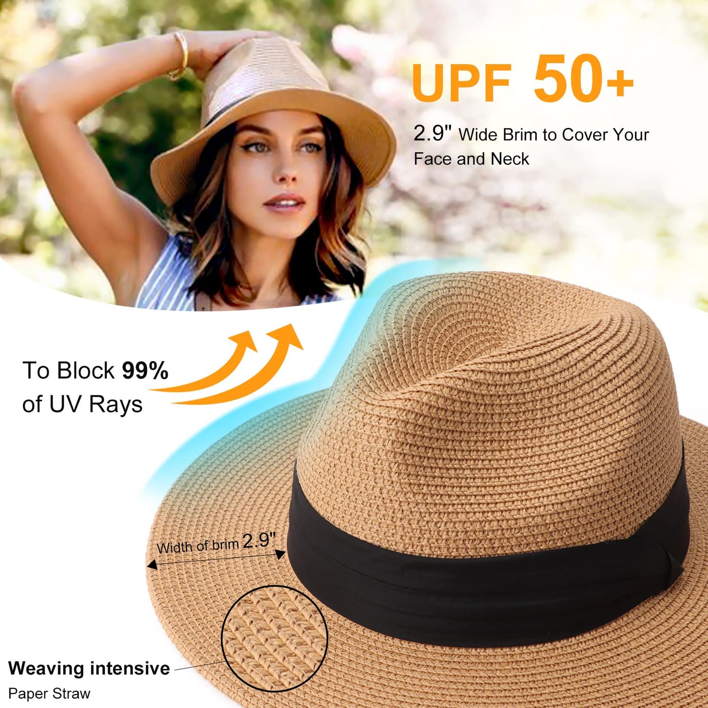 DRESHOW Women Straw Panama Hat Travel Fedora Beach Sun Hat Summer Wide Brim Straw Roll up Hats UPF 50+