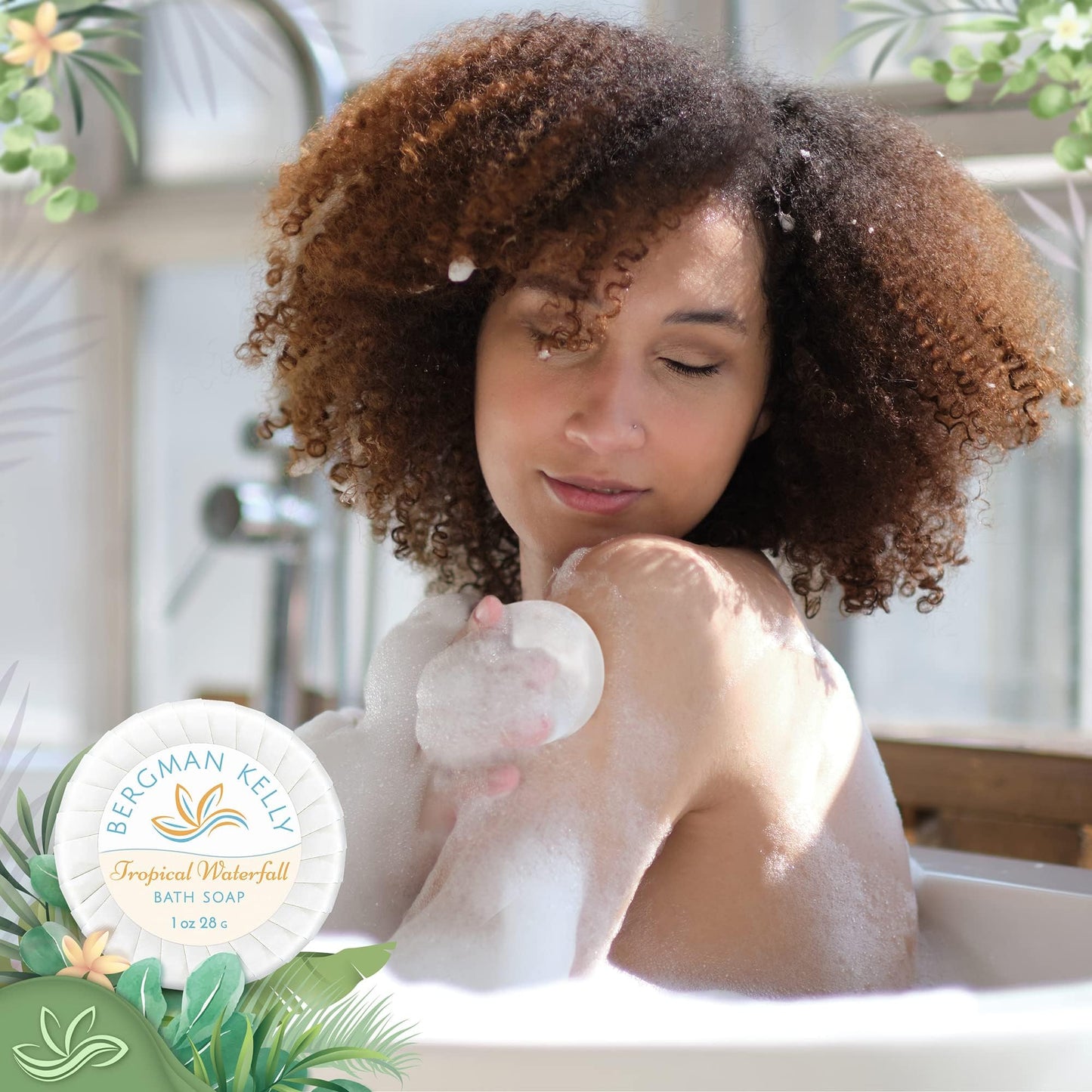 BERGMAN KELLY - Hotel Toiletries Bundle - Tropical Waterfall, 1 oz each, 125 Pieces - 5-Piece Set: 25 each Round Bar Soap, Shampoo, Conditioner, Body Lotion & Body Wash - Bulk Mini Guest Amenities