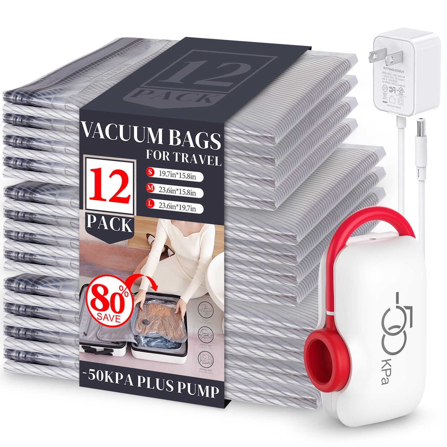 VMstr 12 Pack Vacuum Storage Bags for Travel, Carry-on Size for Luggage Compression Packing, Space Saver with High Pressure Electric Pump(DC Power)