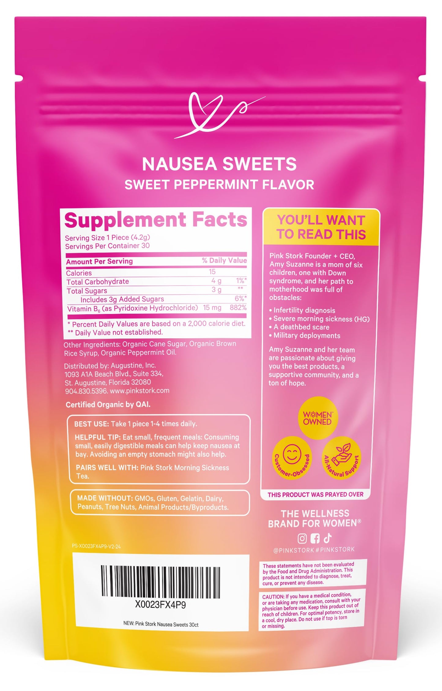 Pink Stork Organic Peppermint Sweets for Morning Sickness and Motion Sickness Support, Added Vitamin B6, 1st Trimester Pregnancy Must Haves - 30 Wrapped Peppermint Candies