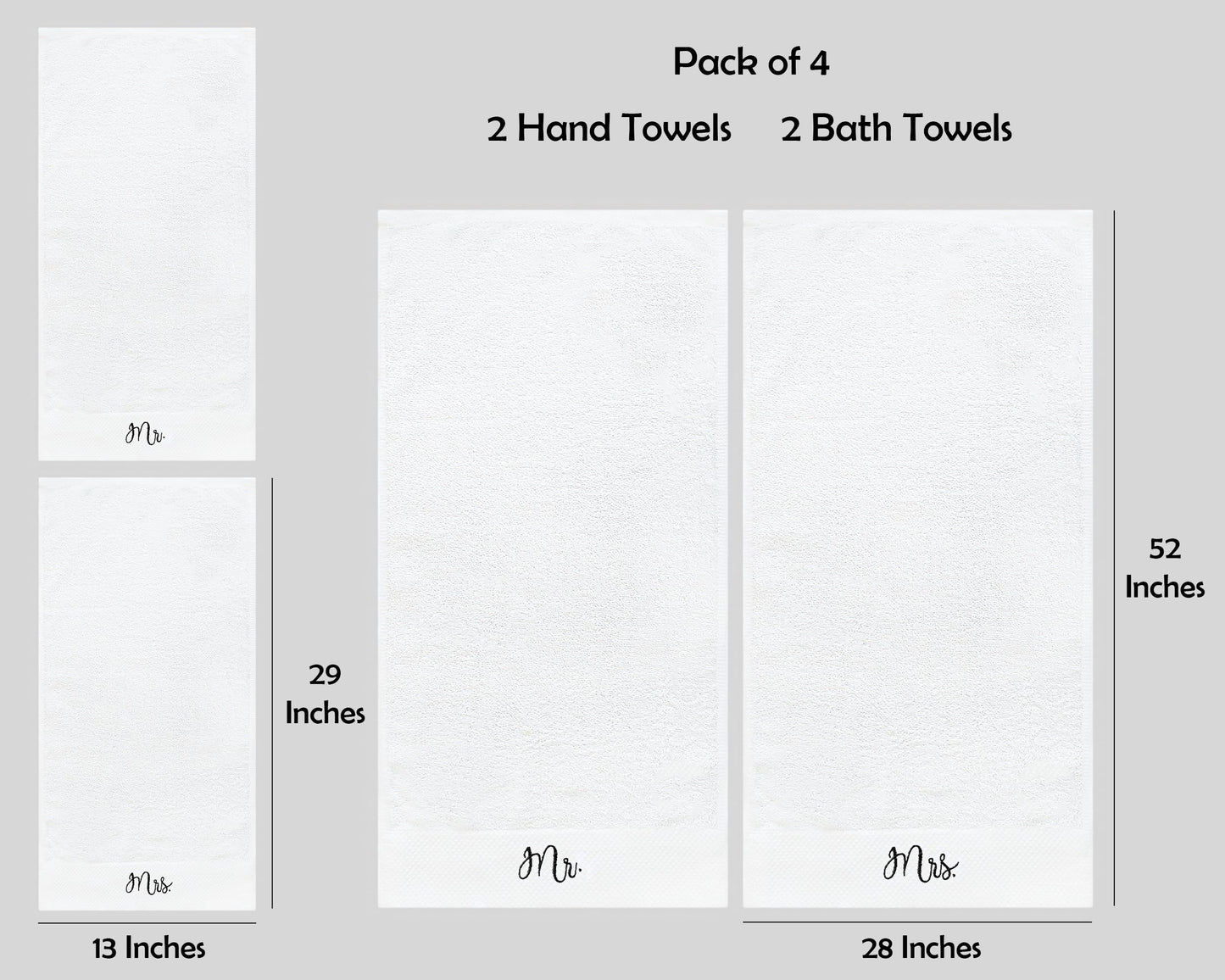 RUBBER BOND Mr and Mrs Towels Set with Gift Box - 4 Pack Bath and Hand Towels - Cotton Towels Set - Wedding, Honeymoon Gifts for The Couples - White Bathroom Towel Set with Black Embroidery