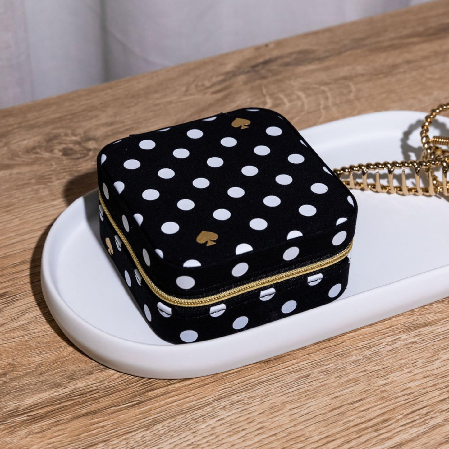 kate spade new york Small Travel Jewelry Case, Black Dotted Jewelry Box to Organize Rings, Necklaces, Earrings, Polka Dot