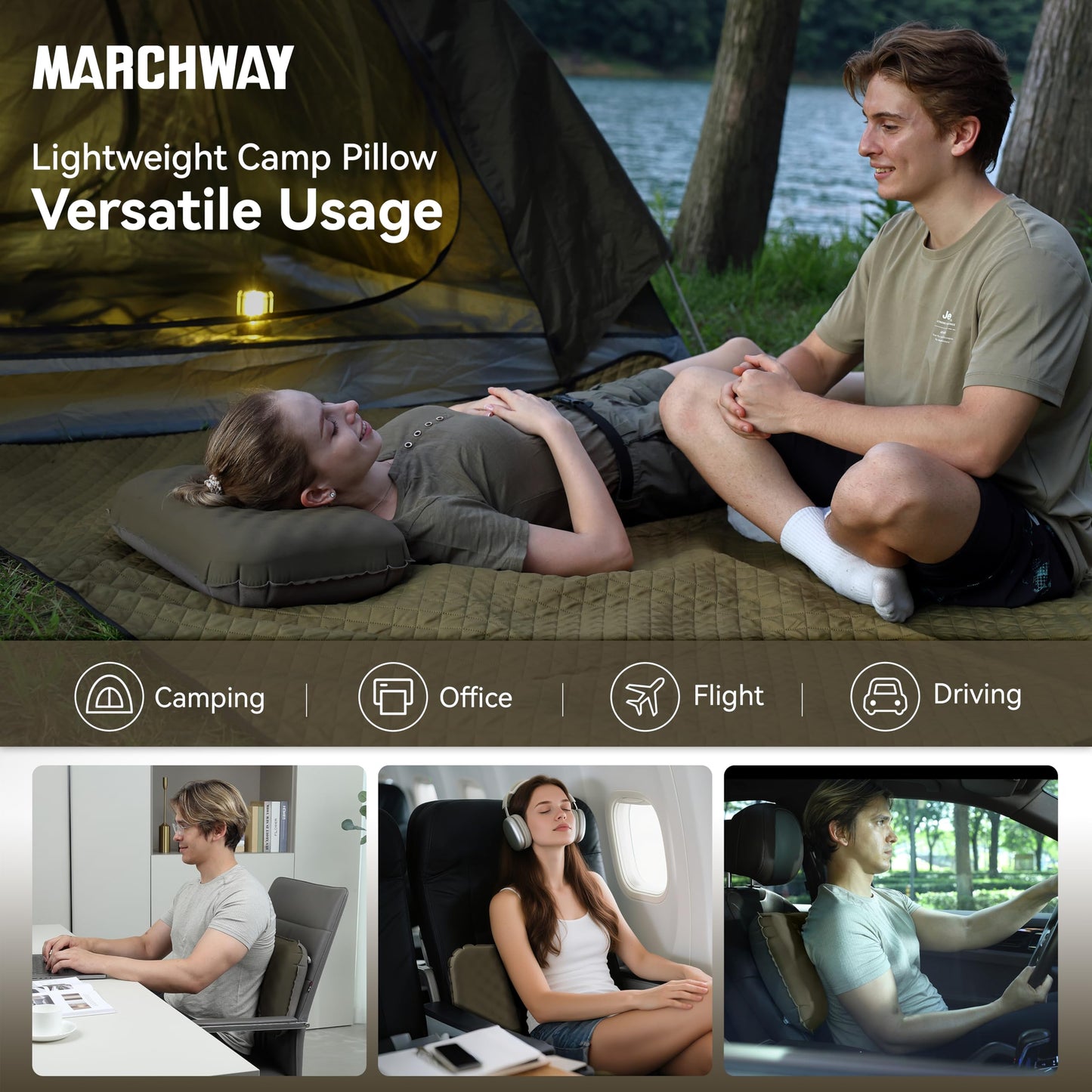 MARCHWAY Inflatable Camping Pillow with Comfortable Foam Top, Dual-Sided Support, Lightweight Compact Travel Pillow for Hiking, Backpacking, Airplane, Car (Green)