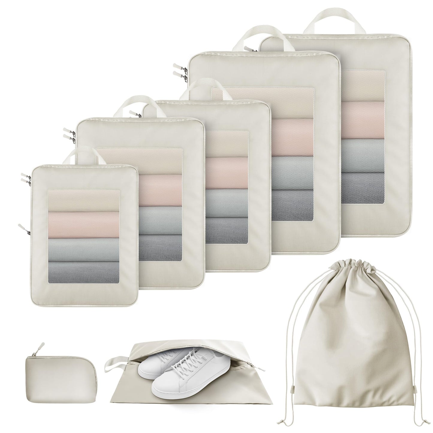 8 Set Compression Packing Cubes for Travel Suitcase Organizer Travel Essentials for Backpack Luggage Organizer Bags for Carry on (Beige)