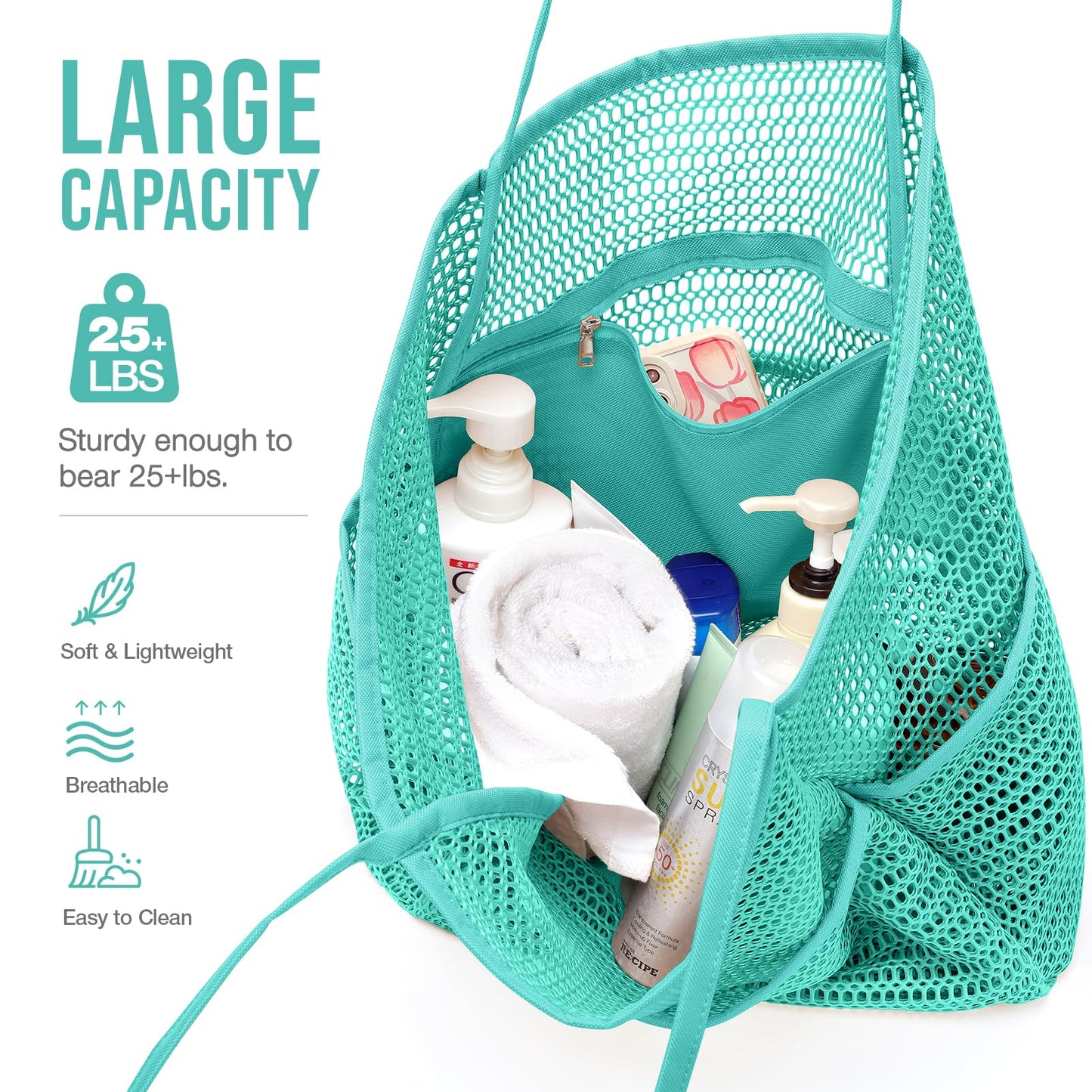 KPX Beach Bag with Mini Pocket, Beach Tote Bags for Women Large Foldable Mesh Swimming Pool Travel Bags - Sandproof (Teal)