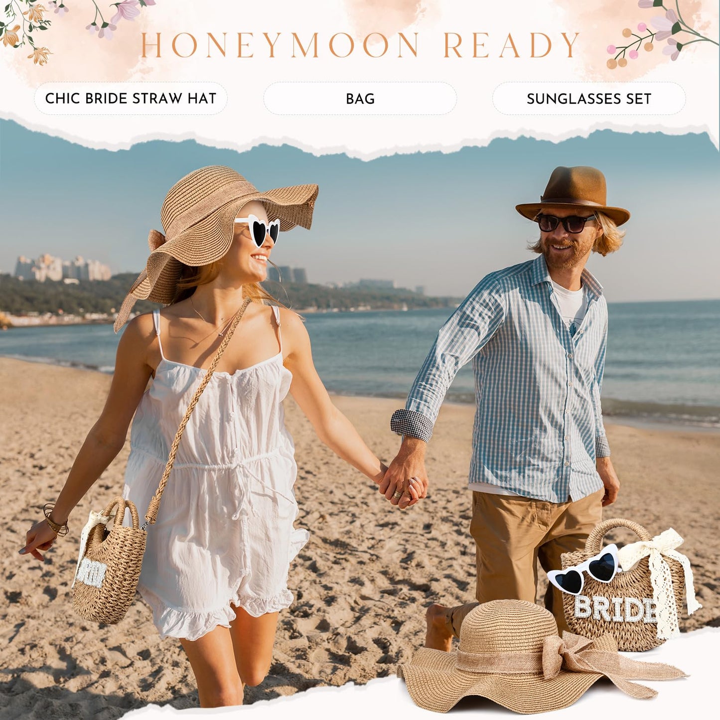 KUIRAN Bride Bag Bride Gift Set Straw Beach Bag Purse Handwoven Tote Bag with Rhinestone Letters Bachelorette Pary Gift Honeymoon Wedding Bridal Shower