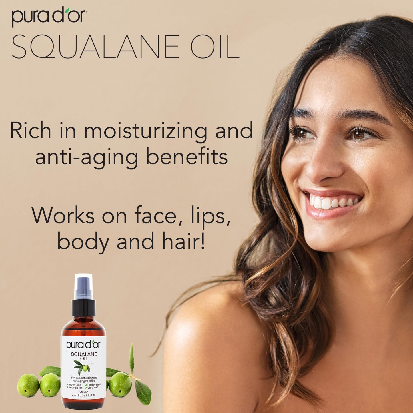 PURA D'OR 3.38 Oz Squalane Oil - Non-GMO 100% Pure & Natural - Moisturizer For Face, Hair And Body - Vegan, Cruelty-Free with Anti-Aging Benefits - Men & Women - Travel Size