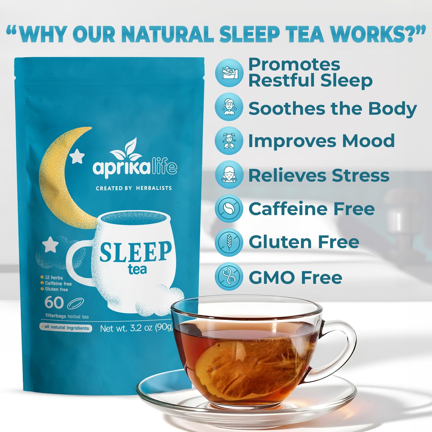 Aprika Life Sleep Tea for Bedtime Relaxation & Stress Relief – Natural Caffeine-Free Herbal Nighttime Tea with Chamomile, Lavender, Mint & Hibiscus – No Melatonin Sleep Aid – Relaxing Tea Bags 60 Pack