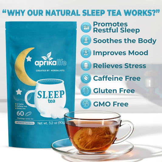 Aprika Life Sleep Tea for Bedtime Relaxation & Stress Relief – Natural Caffeine-Free Herbal Nighttime Tea with Chamomile, Lavender, Mint & Hibiscus – No Melatonin Sleep Aid – Relaxing Tea Bags 60 Pack