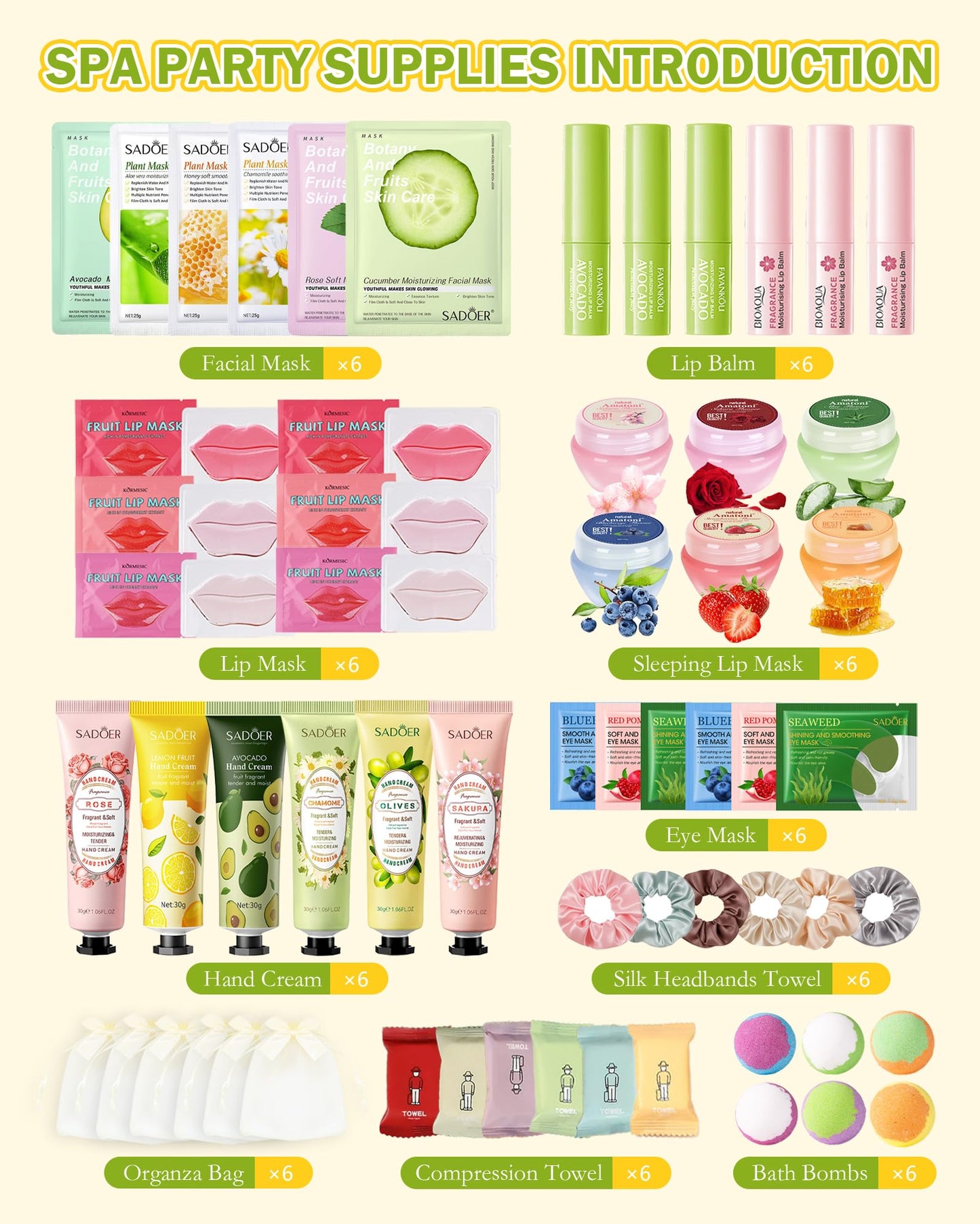 60 PCS Spa Party Supplies for Girl,Spa Party Favors kits Include Face Masks Skincare,Hand Cream, Lip Balm,Under Eye Patches,Lip Mask,Foot Bath Bombs,Women Ideal Gift Bulk Birthday Sleepover Spa Party