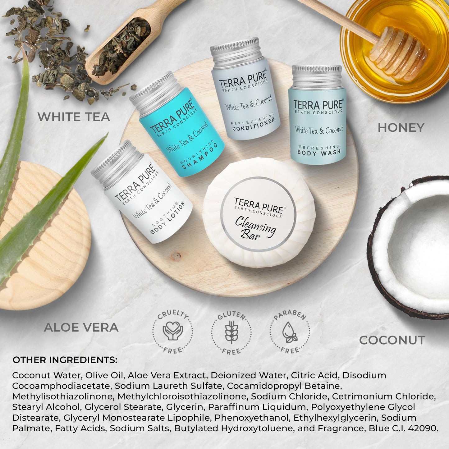 Terra Pure White Tea & Coconut Amenity Kit | Hotel Bulk Toiletries | 1 oz Shampoo, Conditioner, Lotion, Body Wash, Cleansing Bar for Guest Hospitality Vacation Rentals | 1 Set/Case