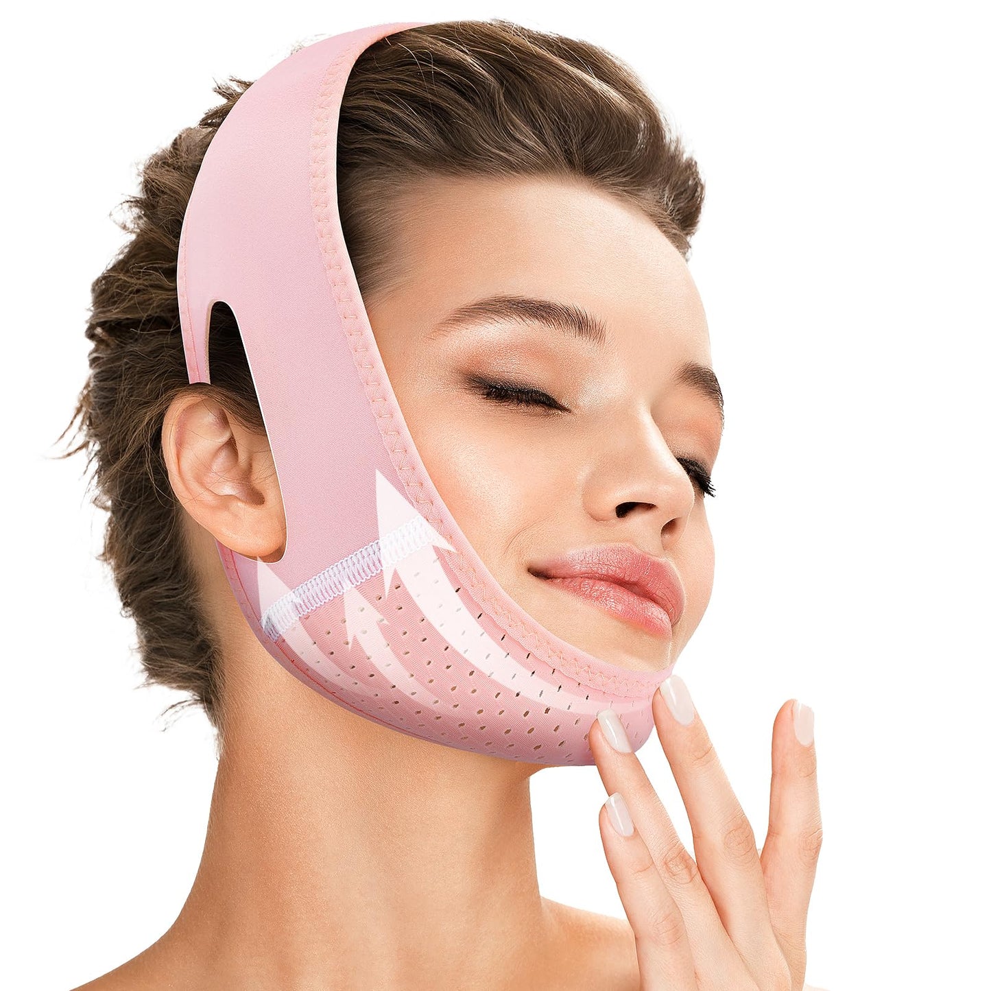 Juskaa Reusable V Line Lifting Mask with Chin Strap for Sleeping,Face Lift Prevent Sagging, Jaw Exerciser,Pink,M
