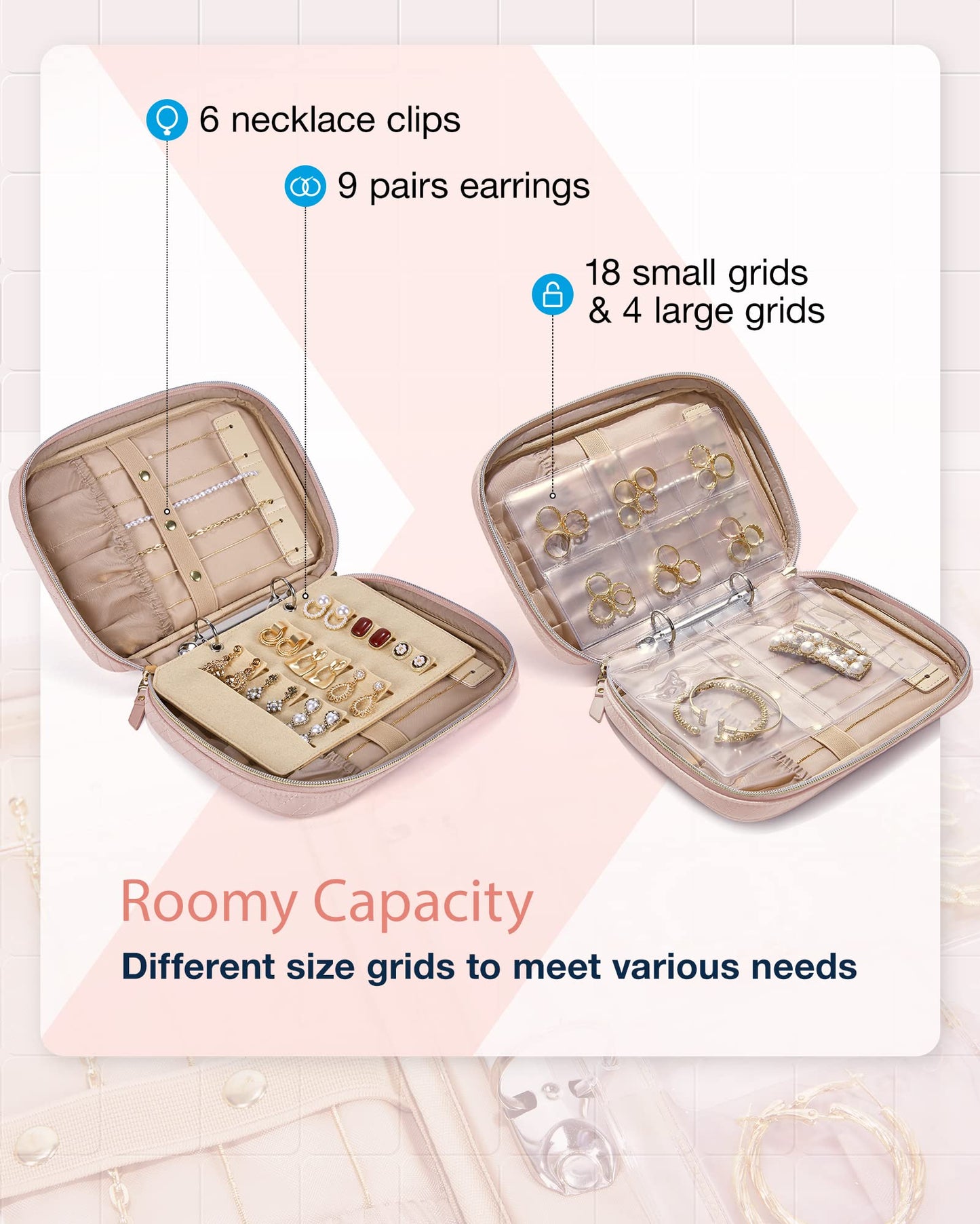 BAGSMART Large Jewelry Travel Organizer Case for Home Jewelry Organizer Storage Ring Binder Jewelry Bags Clear Jewelry Rolls Zipper Pouch Bag for Necklaces, Earrings, Rings, Bracelets, Pink