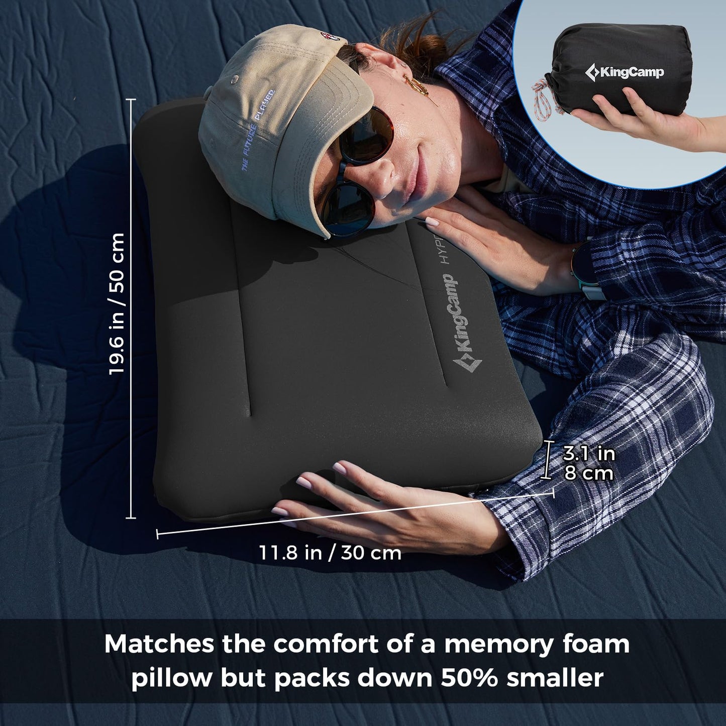 KingCamp Inflatable Pillow for Camping, Extra Large Inflatable Camp Pillow, Portable Ergonomic Air Pillow with Removable Washable Cover for Camping, Hiking, Car, Beach, Travel, Grey