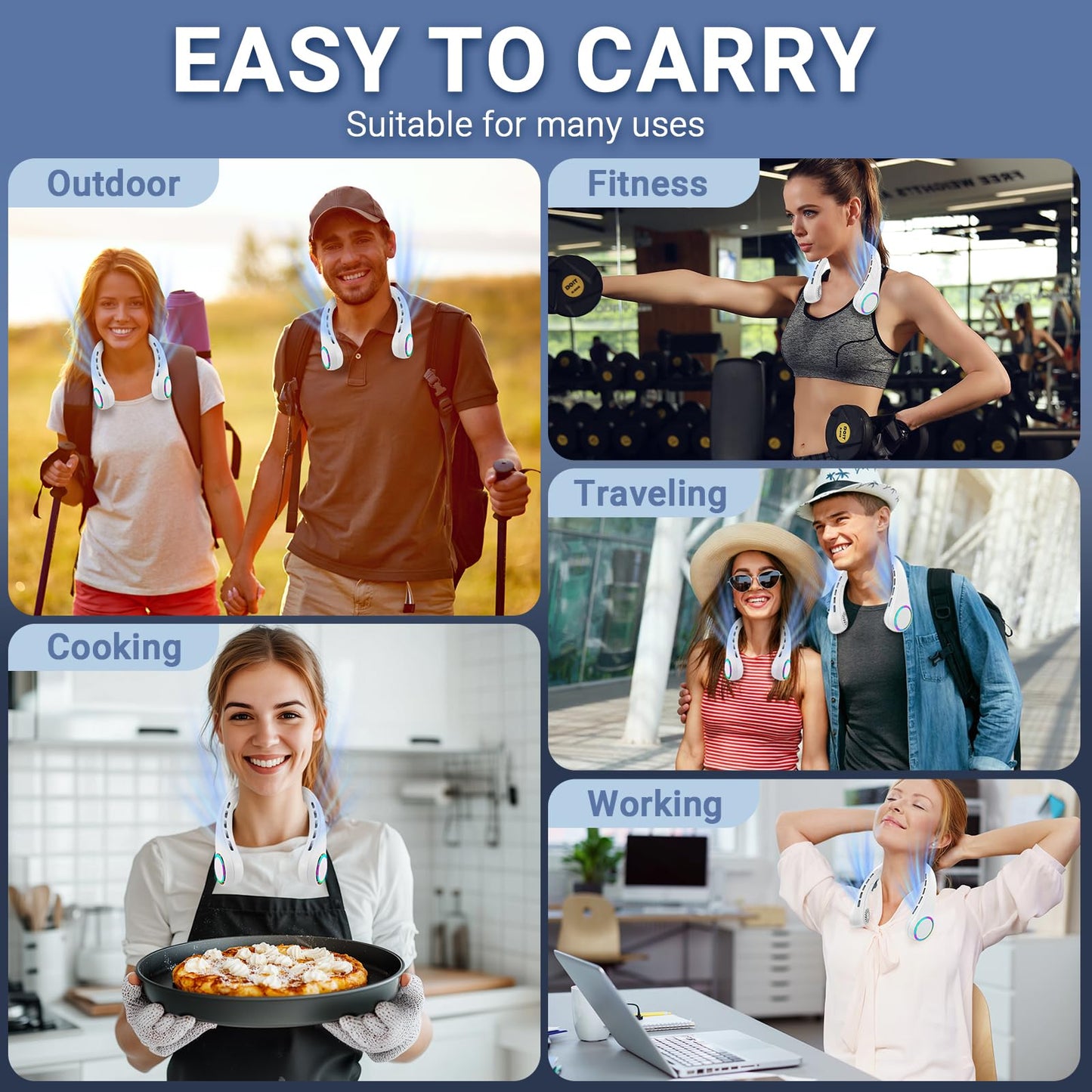 2 Pack Portable Neck Fan, Hands-Free Bladeless Design, 3 Speeds & 64 Cool Lights, 4000 mAh Battery Operated Rechargeable Wearable Personal Fan for Summer Cooling, Ideal for Outdoor, Indoor, Travel