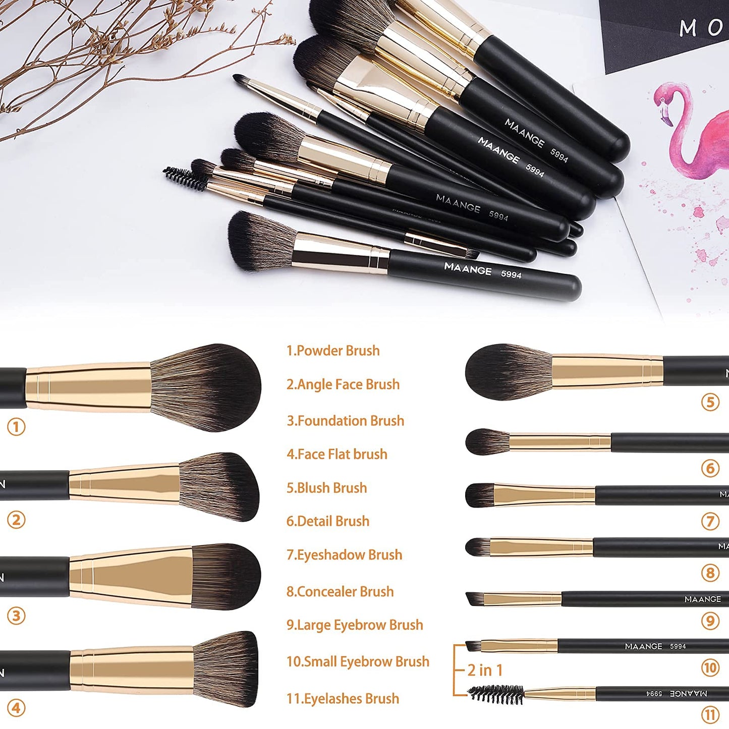Makeup Brushes,MAANGE 10 PCs Travel Professional Makeup Brushes Set with Case,Foundation Kabuki Blush Eyeshadow Make Up Brush with Makeup Sponge and Brush Cleaner(Blackgold)