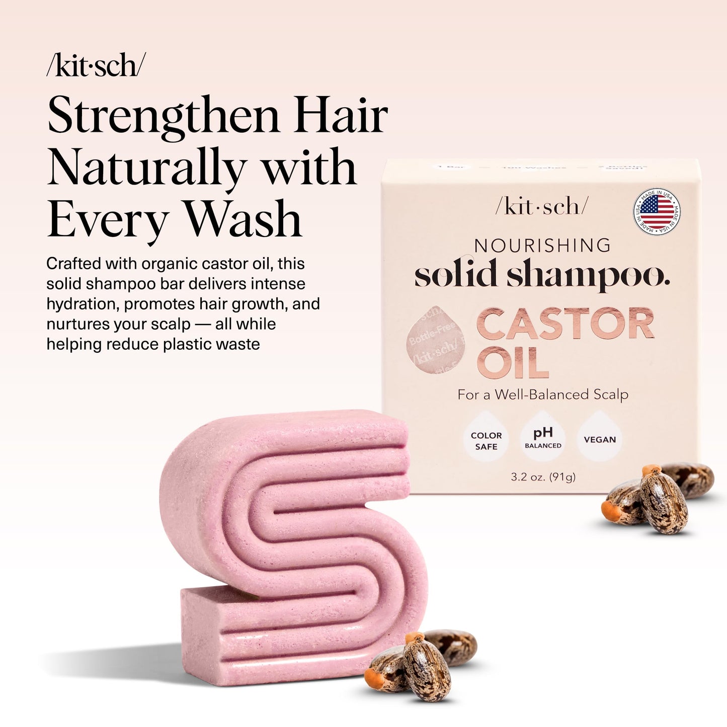 Kitsch Castor Oil Shampoo Bar Soap - Hydrating & Moisturizing Hair Care - Organic Castor Oil Solid Shampoo for Hair Growth & Scalp Nourishment - Silicone & Paraben-Free, Vegan, Made in USA - 3.2oz