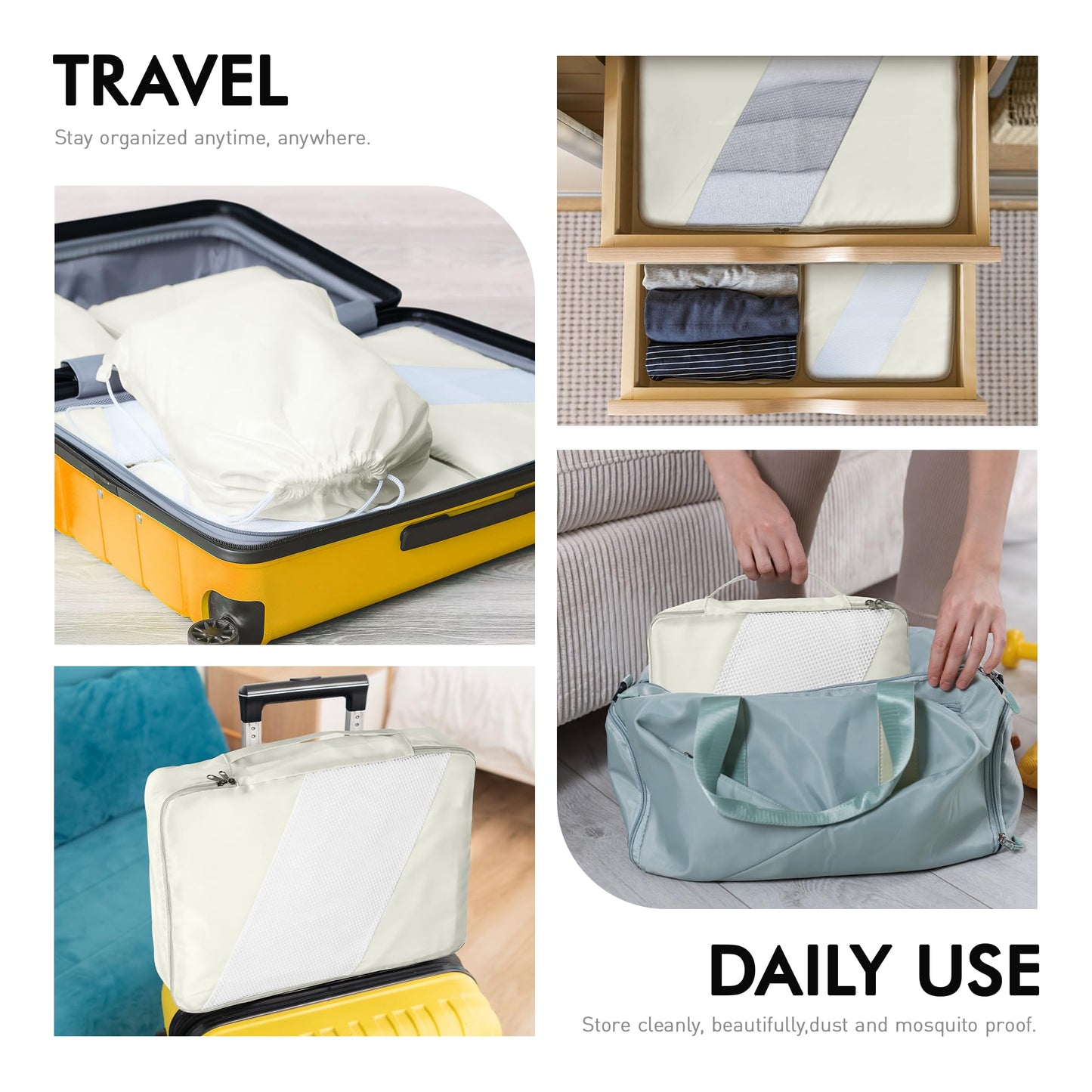 WVM Packing Cubes for Travel, 8-Piece Luggage Organizer Set with Shoe Bag, Toiletry Bag & Laundry Bag, Beige