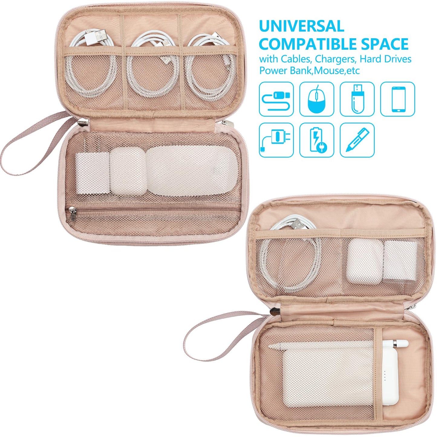 NISHEL Travel Cord Organizer Case, Double Layers Tech Electronic Bag, Essentials for Charger, Cable, Phone, Flash drive, Pink