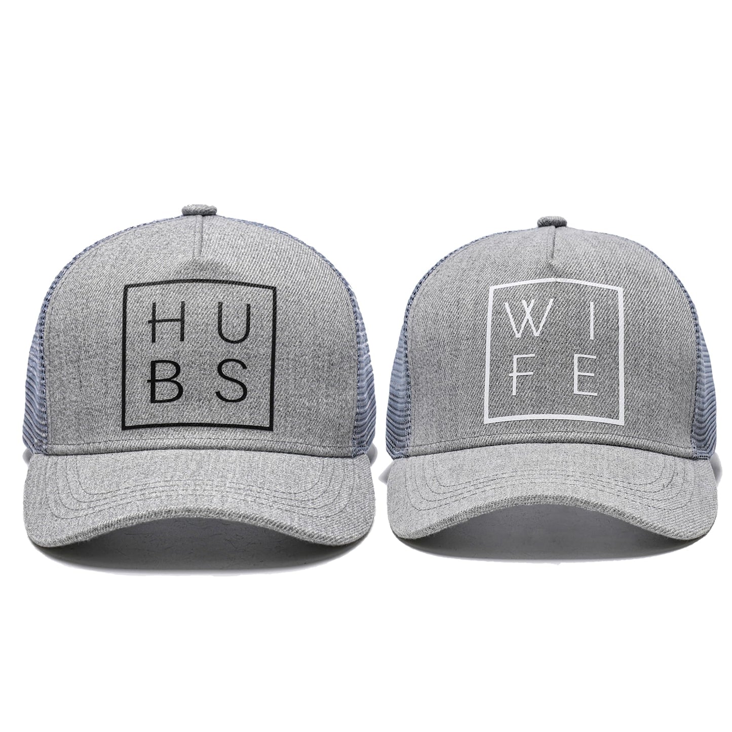 Heather Gray Hubs and Wife Trucker Hats Set of 2 Mr and Mrs Gifts Wedding Gifts for Couples Honeymoon Essentials/Outfits Bride and Groom Gifts His and Hers Hats Engagement The Marriage Gifts