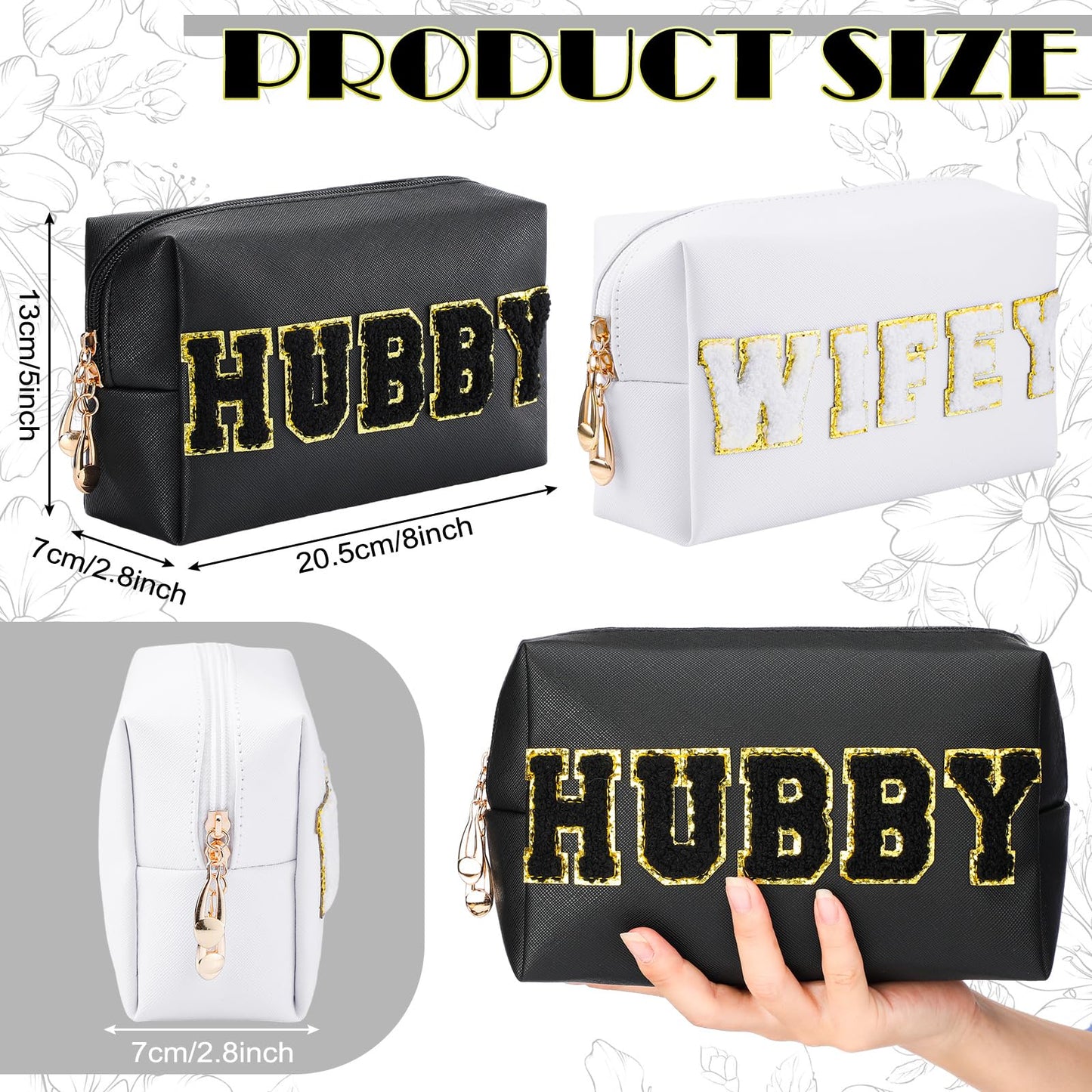 Pinkunn 2 Pcs Wifey Hubby Makeup Bag Bride Patch Cosmetic Bag Mrs Travel Toiletry Purse White Letter PU Leather Waterproof Pouch Wedding Bridal Shower Honeymoon Gift for Women Party Organizer