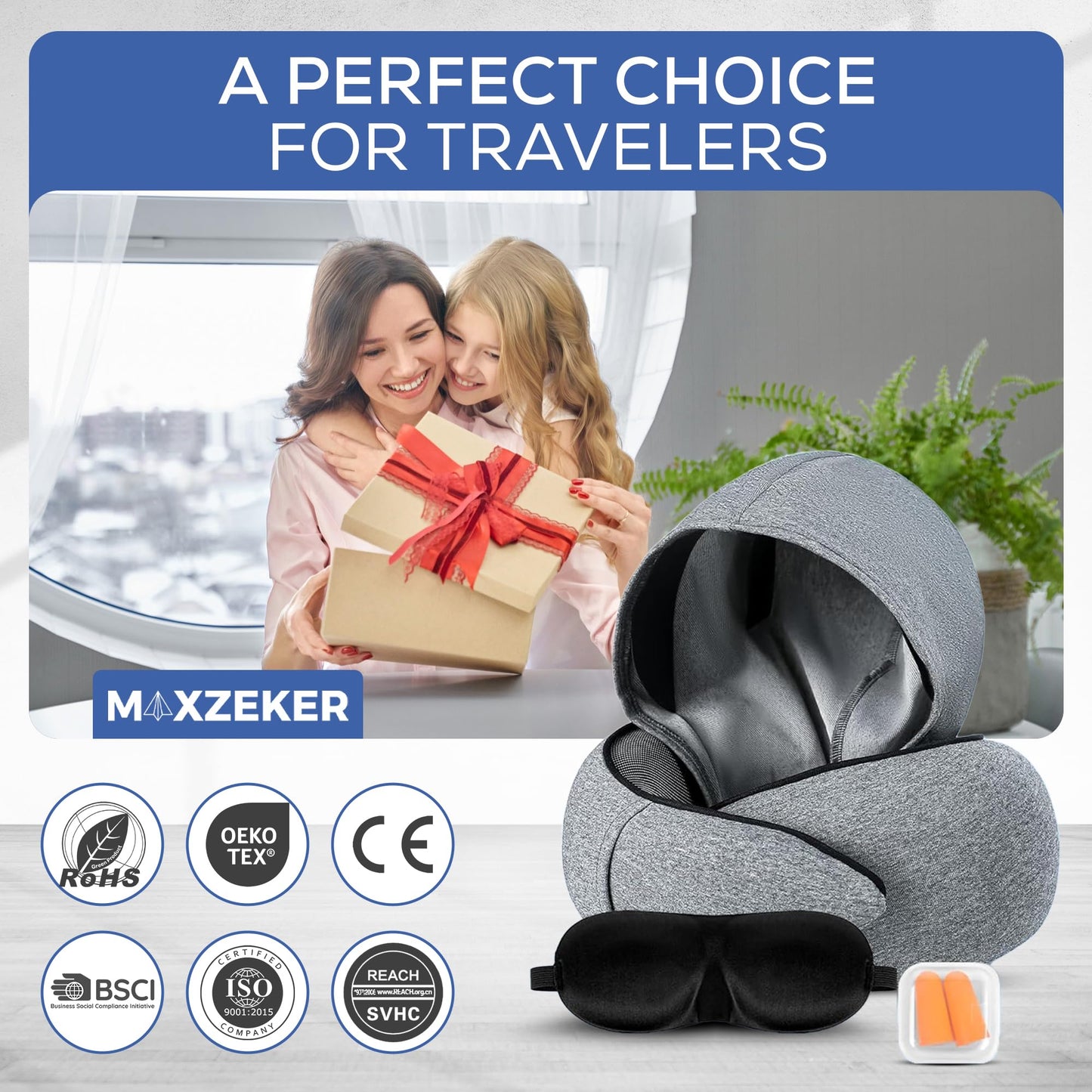 Maxzeker Airplane Pillow For Long Flight - Memory Foam Travel Pillow. Washable, Comfortable Breathable Cover. Carry Bag.Travel Neck Pillows For Airplanes, Best For Fong Flights, Home Use And Car Rides