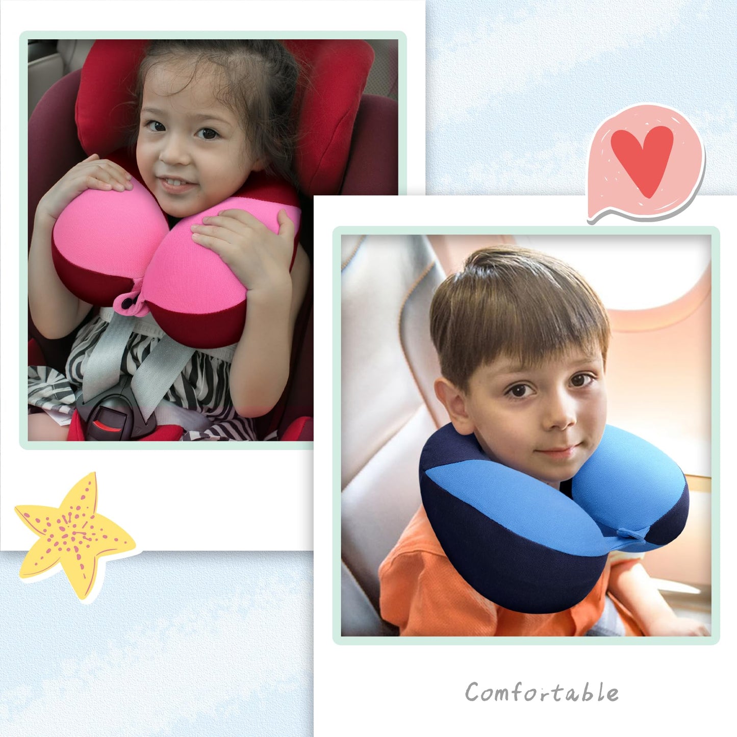 COOLBEBE Kids Travel Neck Pillow 2PCS Softly Double Support Neck Pillow for Car & Airplane, Traveling Gifts for Toddler & Children(Blue & Pink)
