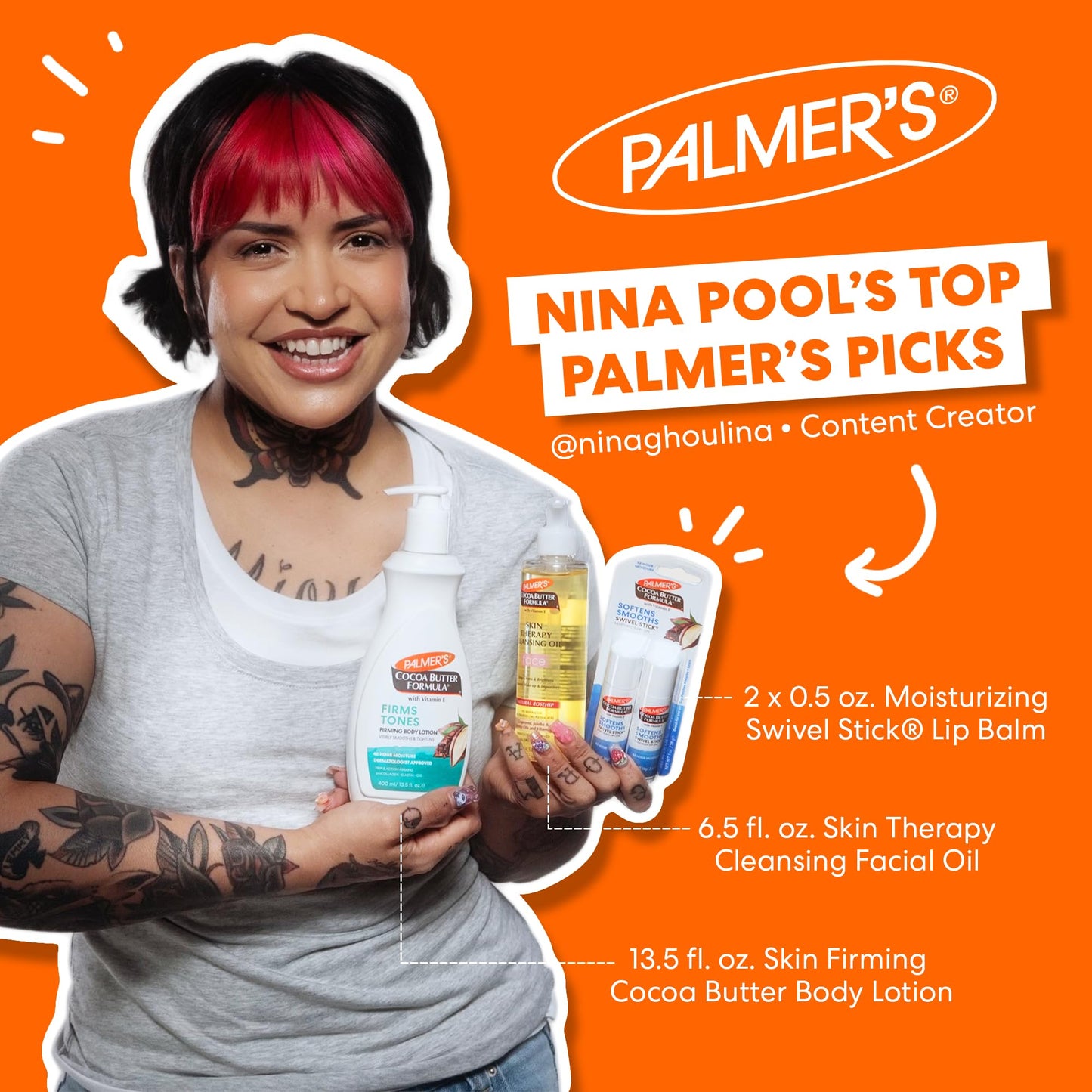 Nina Pool’s Top Palmer’s Picks (Set of 3): Skin Firming Cocoa Butter Body Lotion (13.5 oz), Skin Therapy Cleansing Facial Oil (6.5 fl. oz) & Moisturizing Swivel Lip Balm Stick (2 x 0.5 oz)