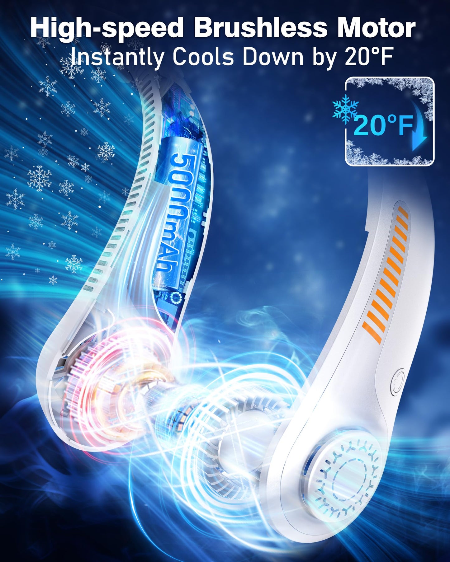 EYERZ Portable Neck Fan - Rechargeable Personal Fan with Neck Support, 5-Speed Quiet Lightweight Long Lasting Neck Fan, Battery Operated Full Surround Cooling for Travel, Birthday Gifts for Men Women