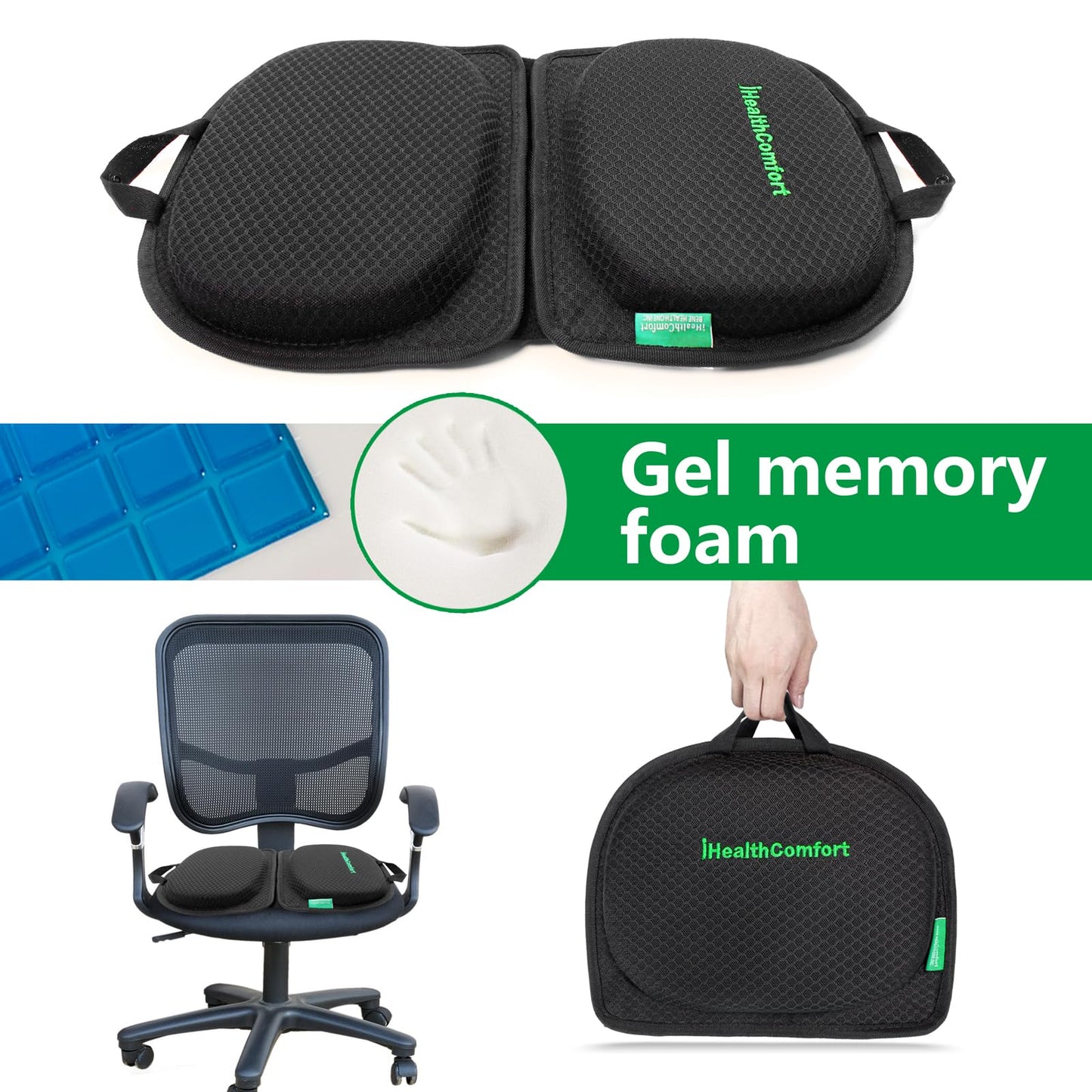 IHEALTHCOMFORT Small Travel Seat Cushion,Gel Memory Foam Seat Cushion,Supportive Butt Pillow,Portable and Foldable for Long Sitting Hours on Stadium Airplane Car Seat