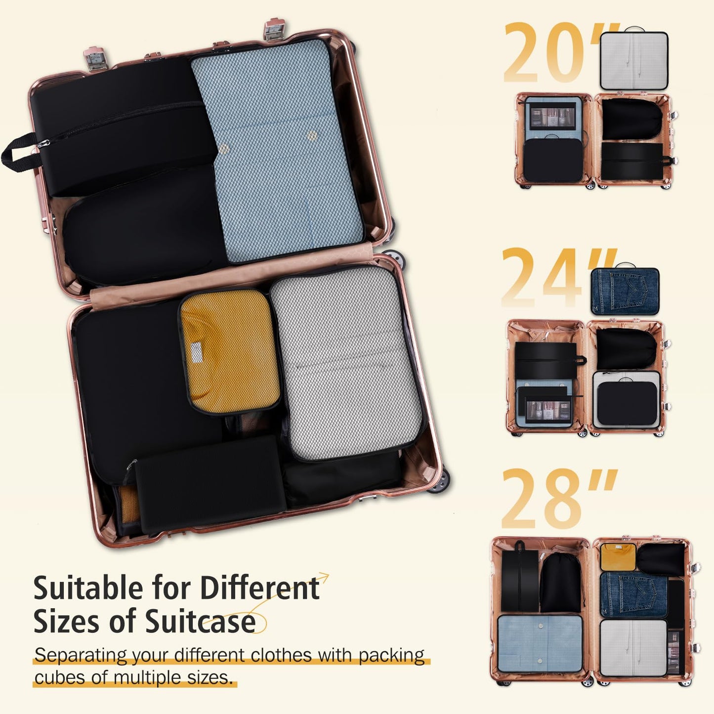 Geekclick 8 Set Packing Cubes for Travel Essentials, Organizers for Suitcase and Luggage in 4 Sizes, Luggage Organizer with Toiletries/Laundry/Shoes/Sock Bags (Black)