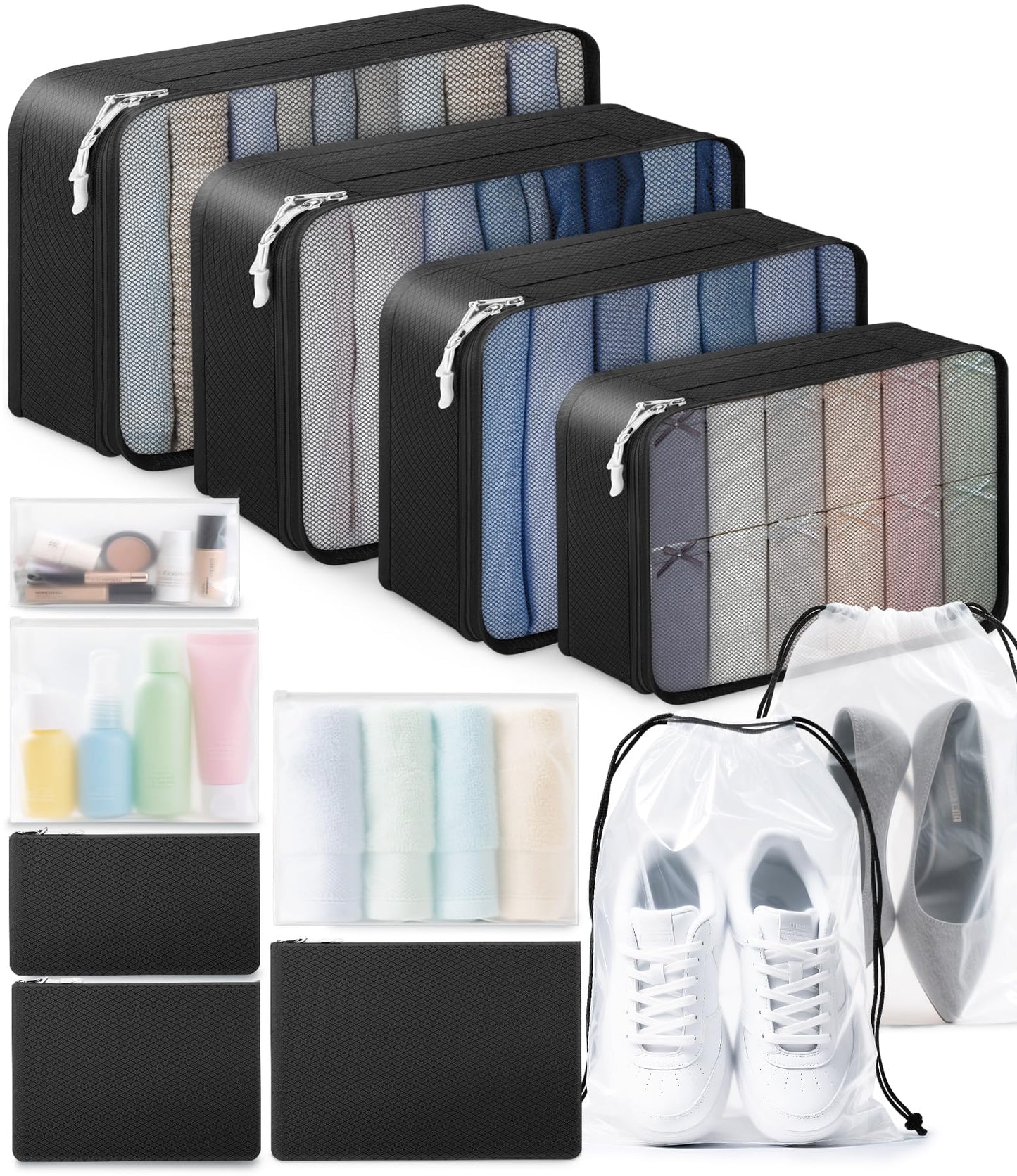 ALL INCLUDED - 12 Set Packing Cubes for Suitcases Carry On, Travel Essentials/Accessories Luggage Organizer Bags Set, Includes Cubes, Shoes Bag, Matte Cosmetic Bag, Zipper Bags
