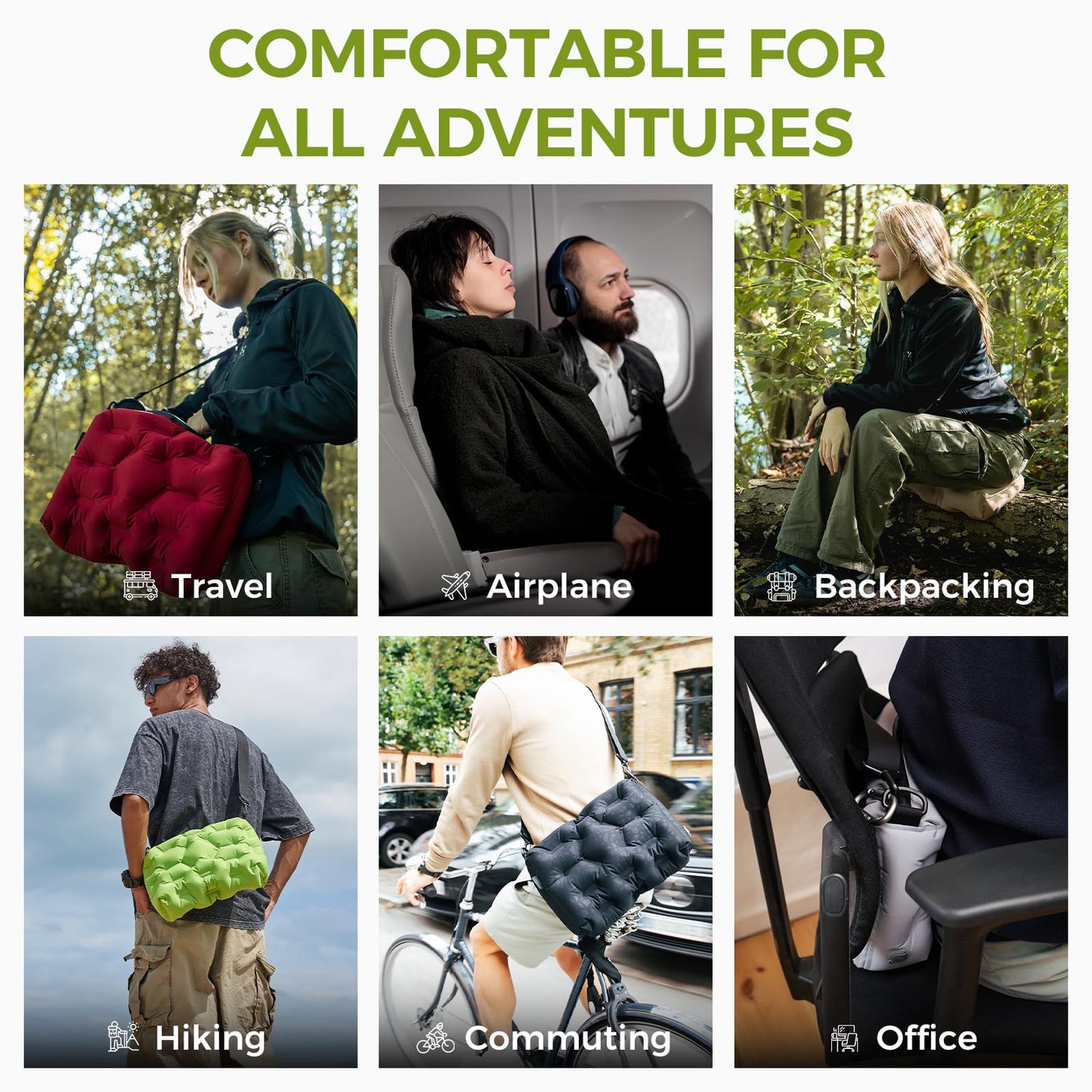 ATEPA 4-in-1 Travel Cushion, Ultralight Portable Inflatable Pillow Seat Cushion Neck & Back Support Travel Bag with Zippered Protection & Convertible Strap for Airplane Camping Backpacking, Black