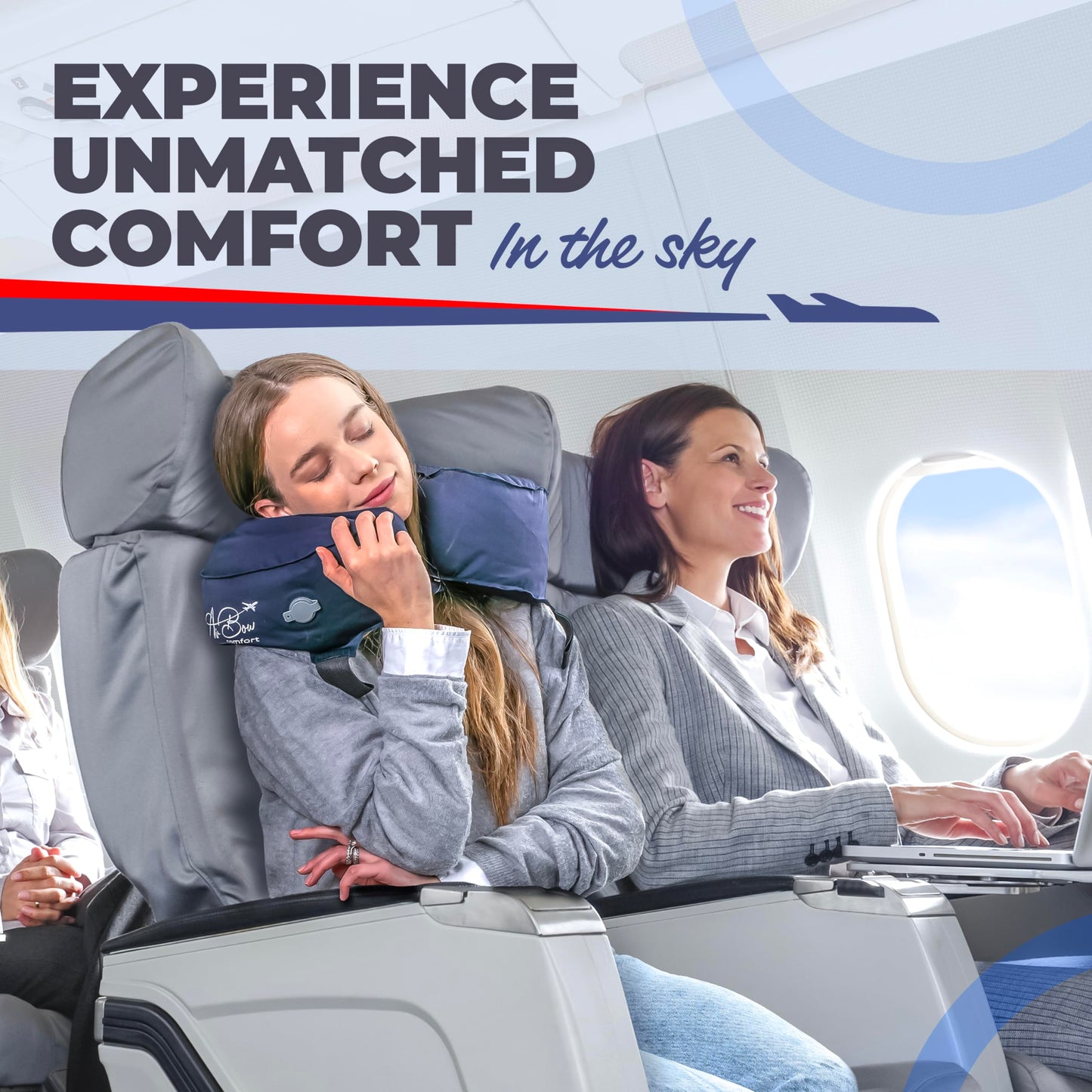Air Bow Comfortable Travel Pillow - Airplane Pillow for Head, Neck, & Chin Rest, Inflatable & Soft Neck Pillow - Durable Material with Hygienic & Washable Cover, Easy to Inflate & Deflate (Blue)
