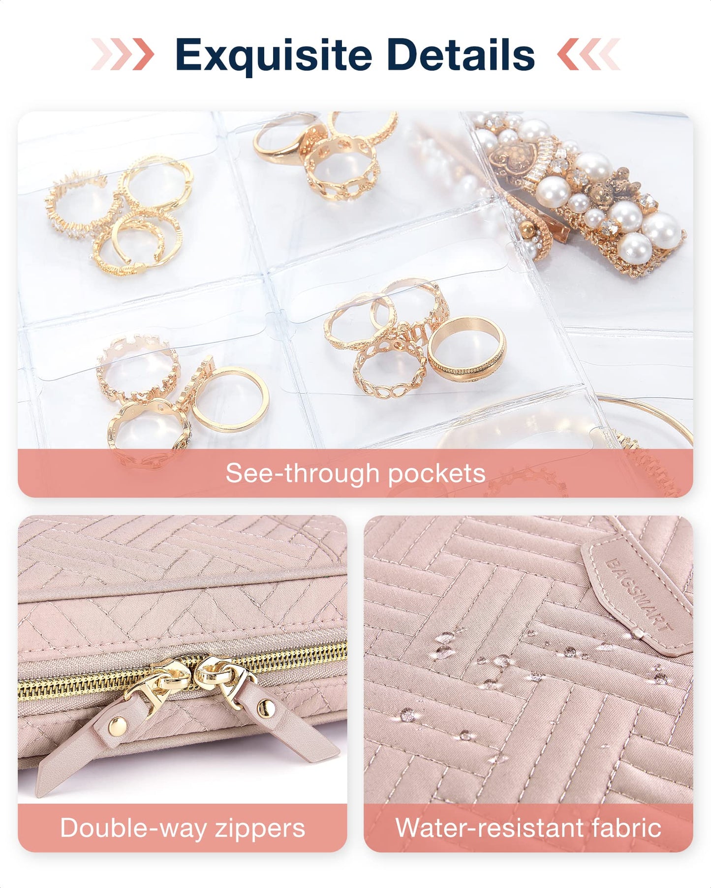BAGSMART Large Jewelry Travel Organizer Case for Home Jewelry Organizer Storage Ring Binder Jewelry Bags Clear Jewelry Rolls Zipper Pouch Bag for Necklaces, Earrings, Rings, Bracelets, Pink