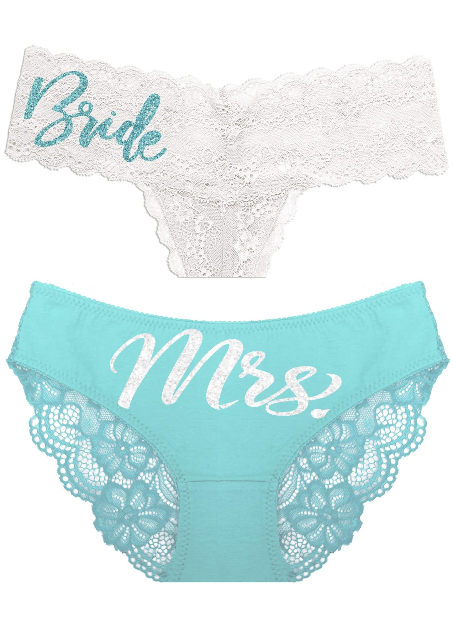 Bridal Panties - SET OF 2: White Mrs Aqua Blue Inset Bikini Panty & Aqua Bride White Lace Thong - Honeymoon, Bachelorette Party, Bridal Shower Lingerie Gifts - Large Set(AqBd WhtTh/WhtMrs AqBk)Lg
