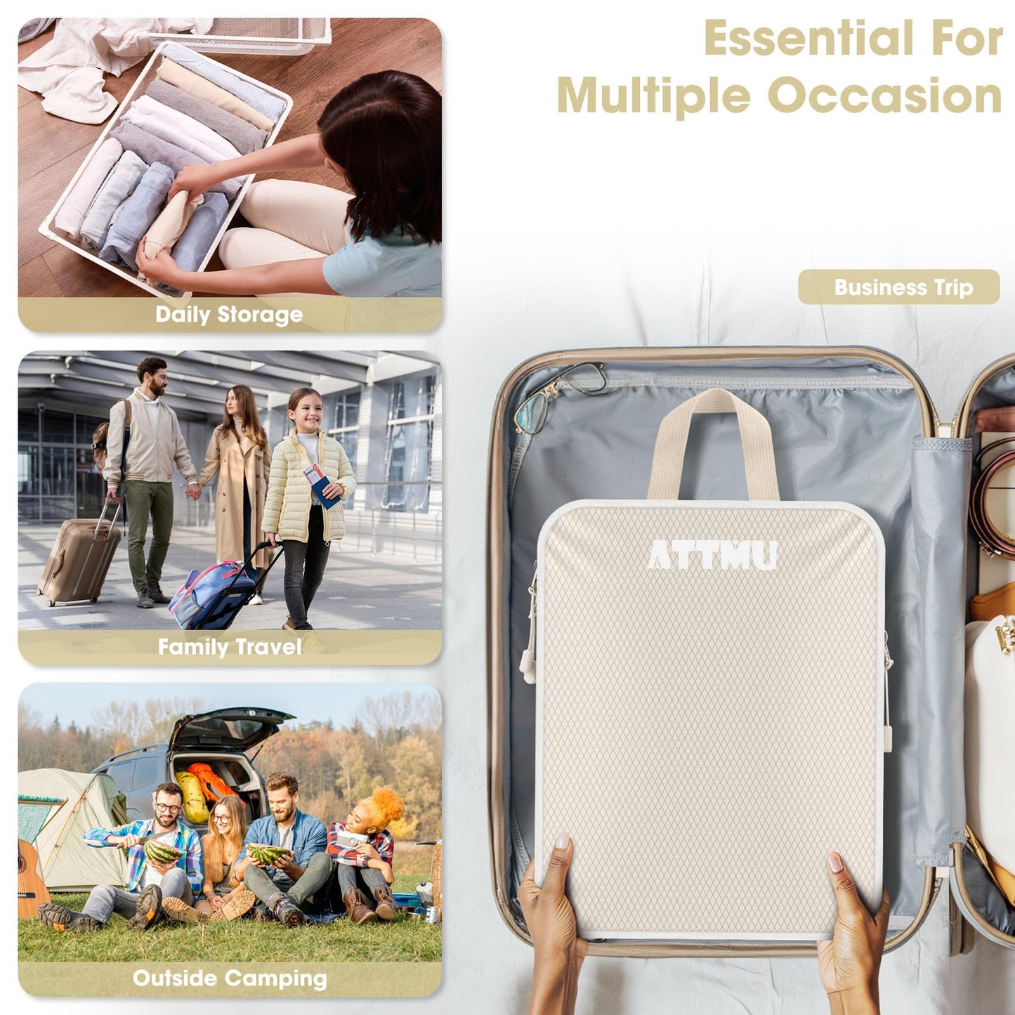 8 Set Compression Packing Cubes for Travel, Expandable Compression Cubes for Suitcases, Lightweight Suitcase Organizer with Shoes & Laundry Bags, Travel Accessories for Men Women (Beige)