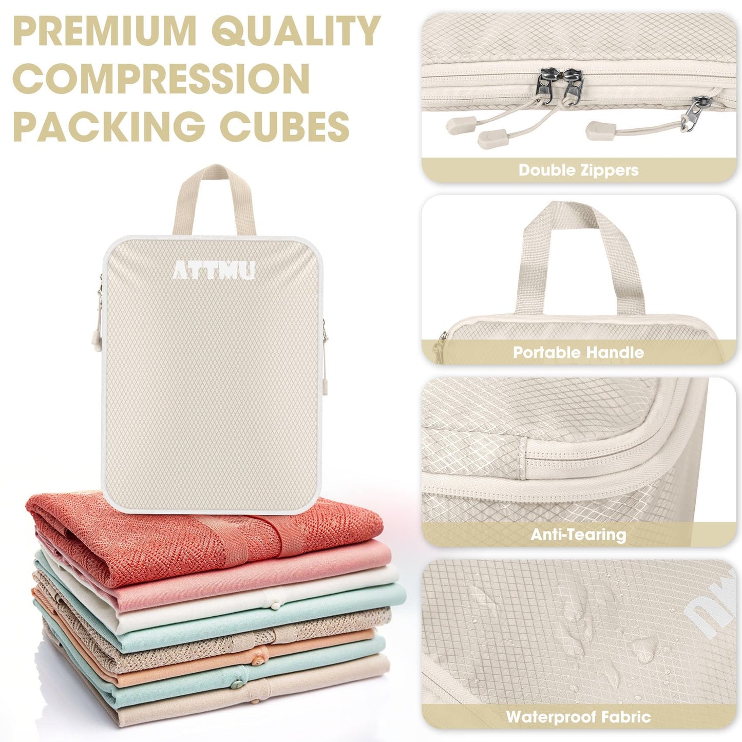 8 Set Compression Packing Cubes for Travel, Expandable Compression Cubes for Suitcases, Lightweight Suitcase Organizer with Shoes & Laundry Bags, Travel Accessories for Men Women (Beige)