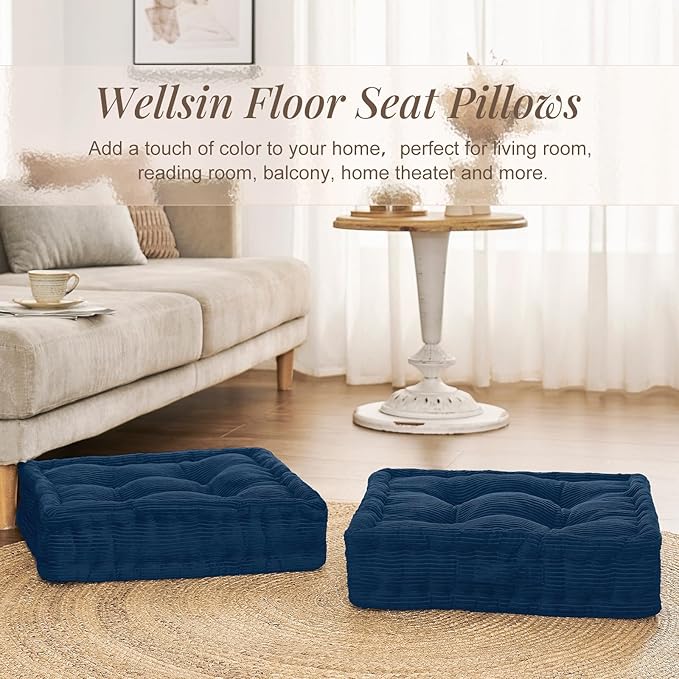 Wellsin Square Floor Pillows for Adults Kids - Meditation Floor Pillow Seating Cushion - Tufted Floor Cushion with Shredded Foam & Velvet Cover, 2 Pack, 20x20 Inch, Dark Blue