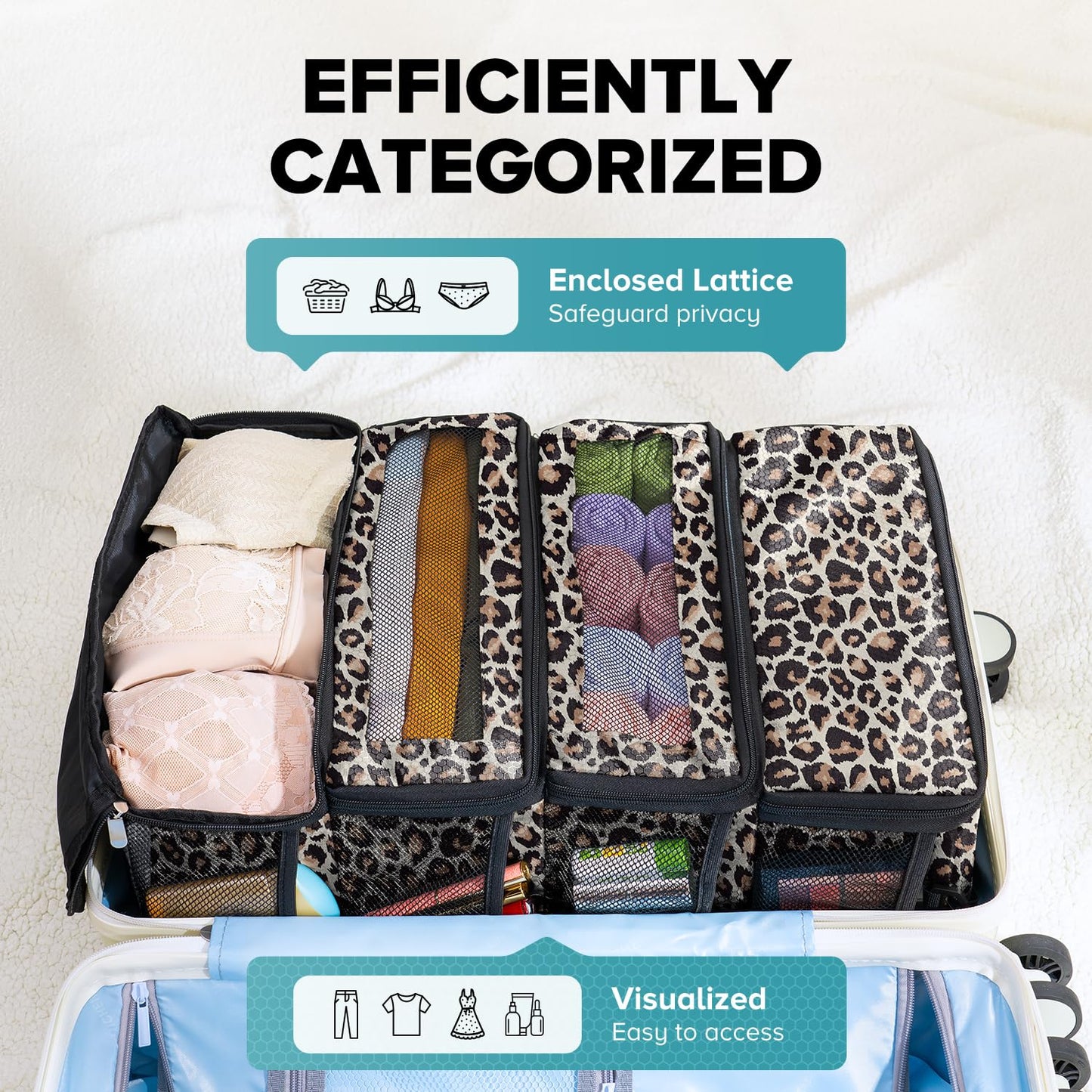 Suitcase Organizer, Travel Luggage Organizer Hanging Shelves Packing Cube Closet/Collapsible Portable Travel Organizer for Carry-on, Medium, Leopard Print