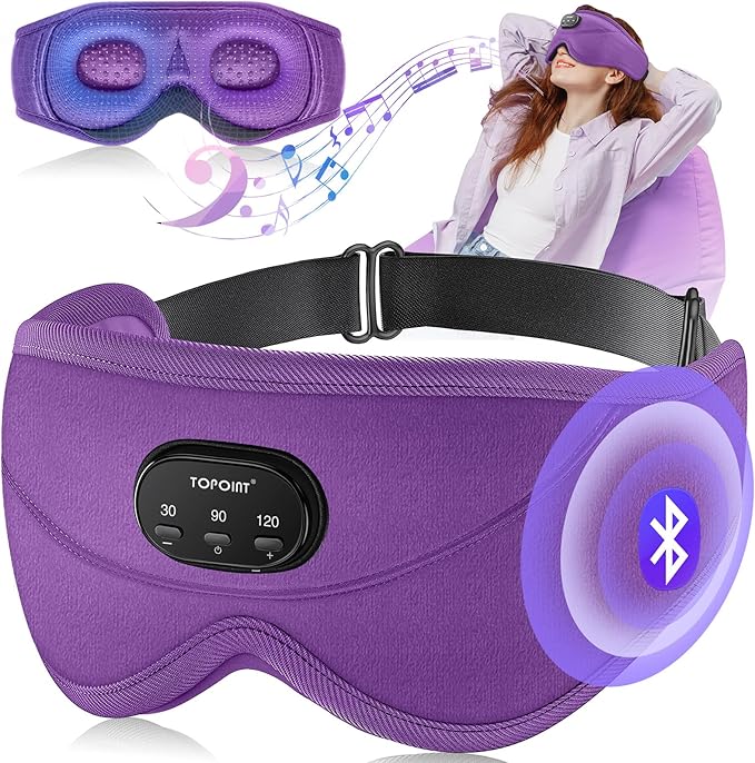 TOPOINT Sleep Mask with Bluetooth Headphones, 3D Eye Mask for Sleep Headphones with White Noise, Total Blackout, 5.4 Bluetooth, Timer, 15 Hours for Women Men, Travel, Meditation, Nap, CPAP Users