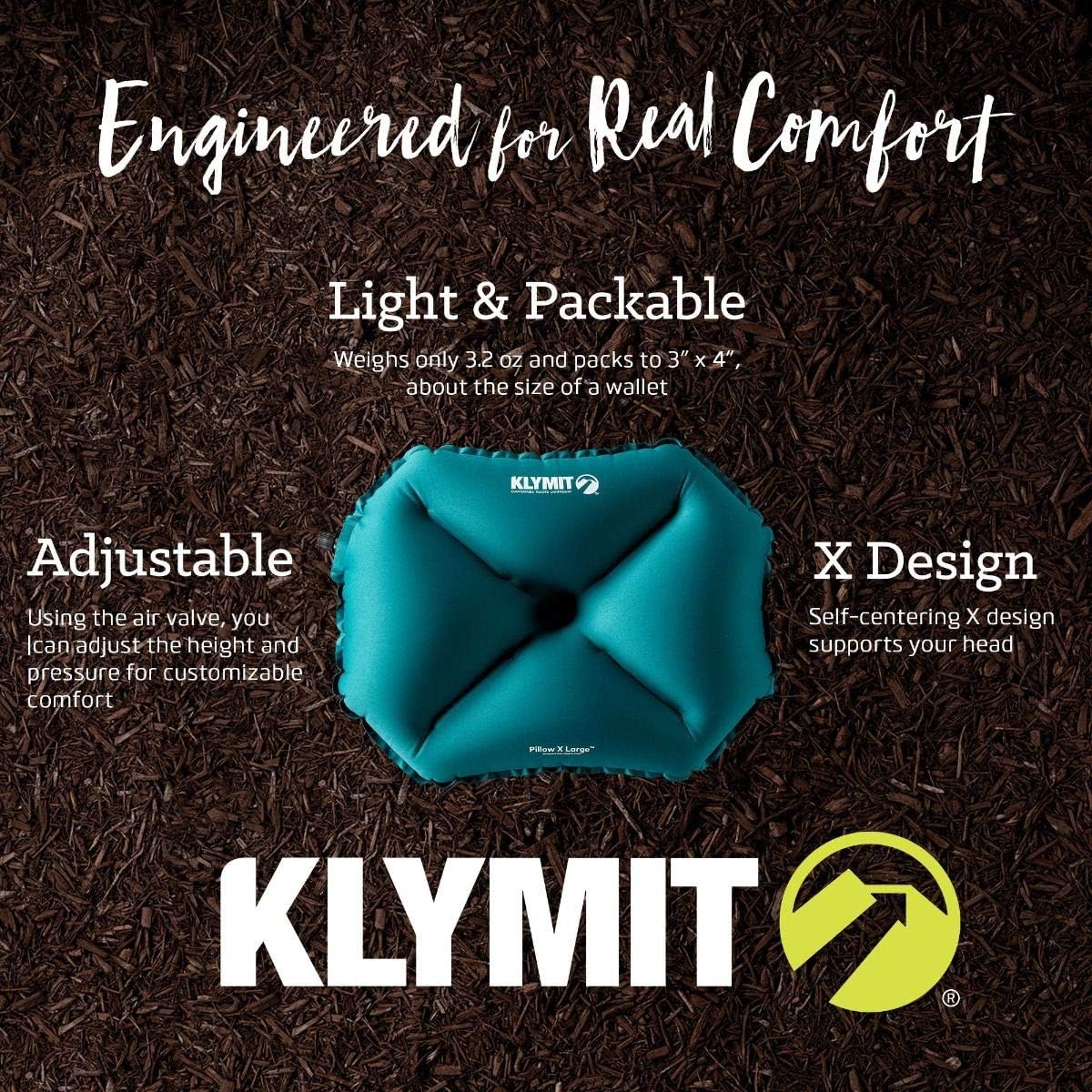 Klymit Pillow X Travel Pillow, Lightweight Inflatable Hybrid Airplane, Backpacking, Hammock, and Camping Pillow, Teal, Large