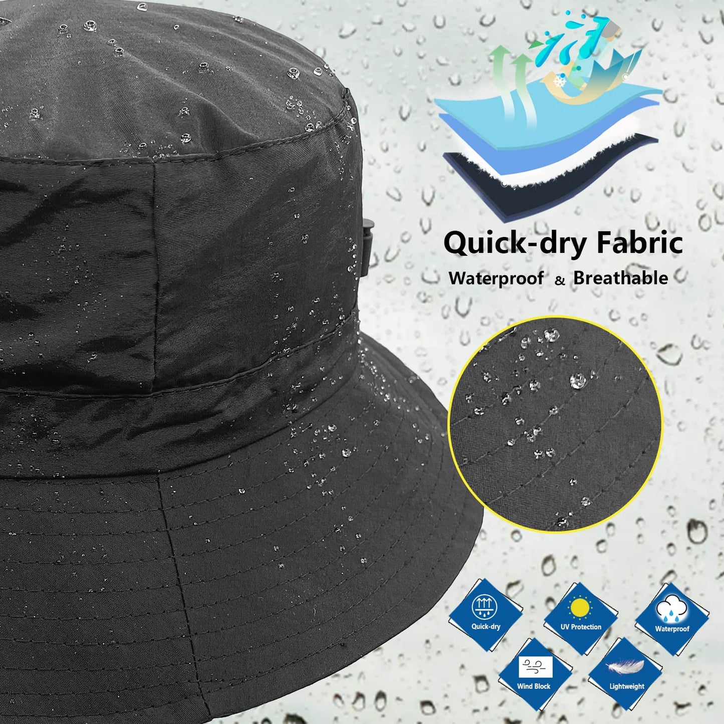 woogwin Waterproof Bucket Rain Hat with Chin Strap Quick Dry Packable Boonie Sun Hat Safari Hat UV Protection(Black)