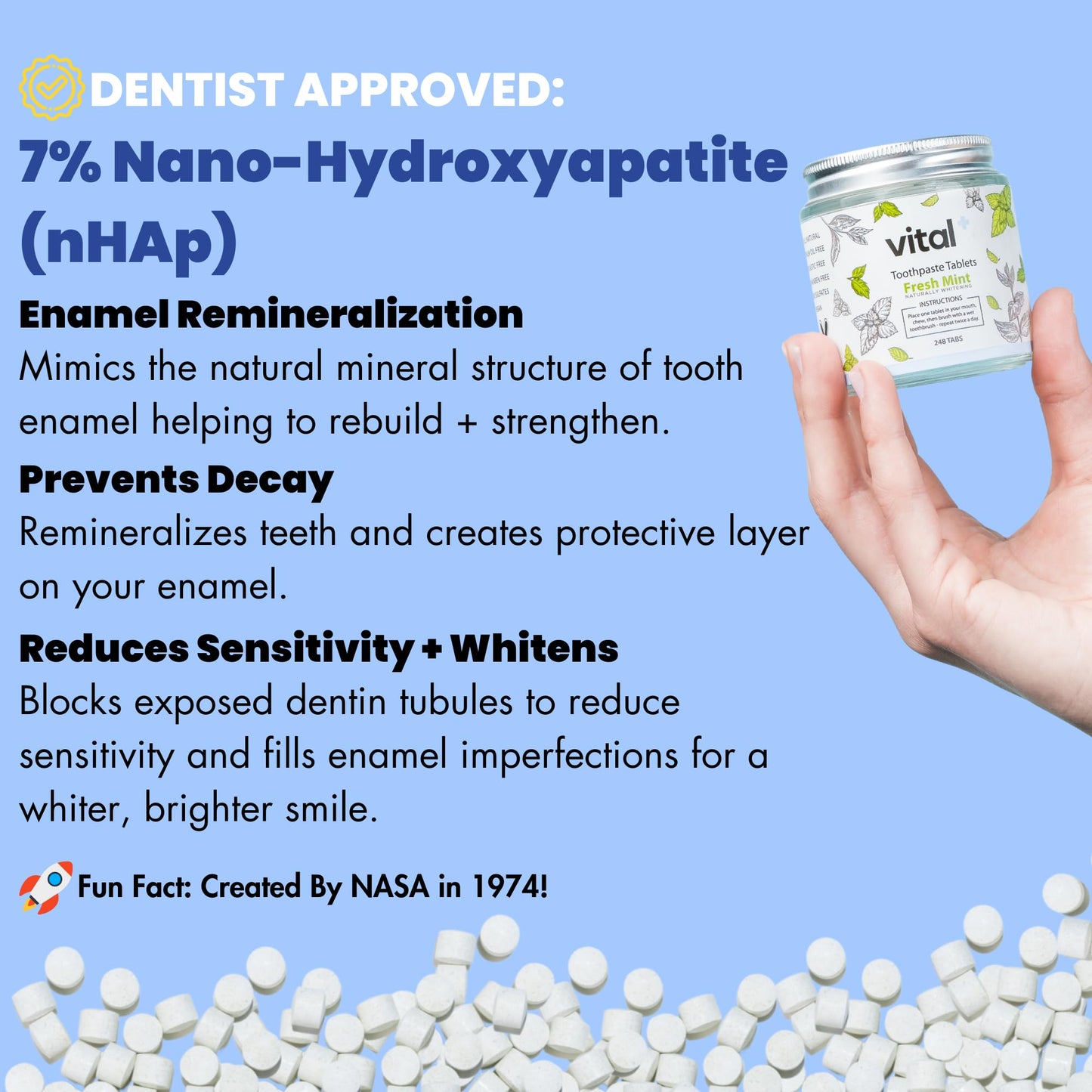 Vital Toothpaste Tabs with 7% Nano-Hydroxyapatite | Naturally Whitens + Remineralizes Teeth | Fluoride & Plastic Free | Combats Sensitivity | Travel & Eco Friendly | Fresh Mint | 62 Tablets (1 Month)