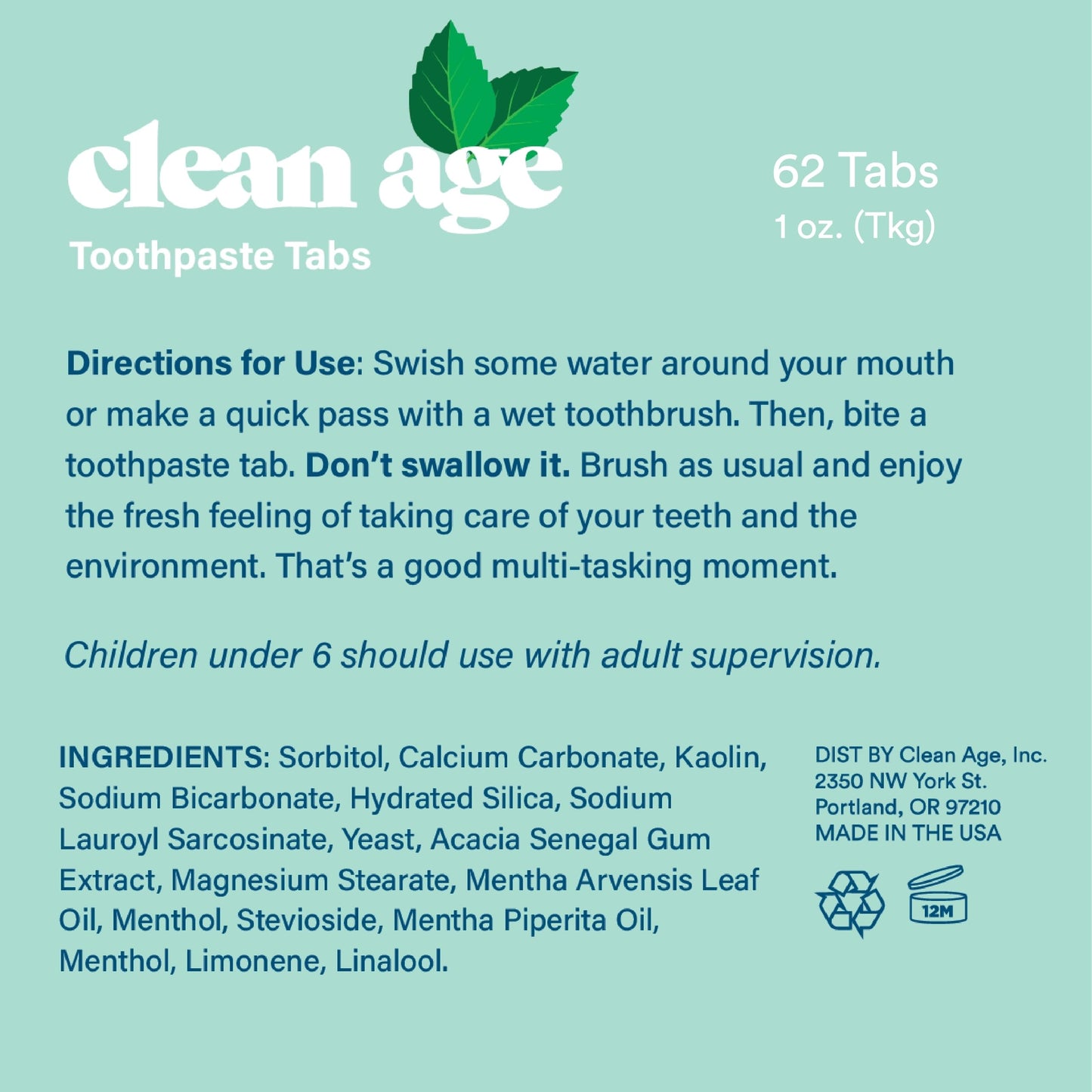 Clean Age, Mint Toothpaste Tablets, 62 Count - 2 Pack - 124 pcs total, Non Fluoride Toothpaste Tabs for Children & Adults, Best for Travel Toothpaste, Natural Toothpaste in Sustainable Paper Container