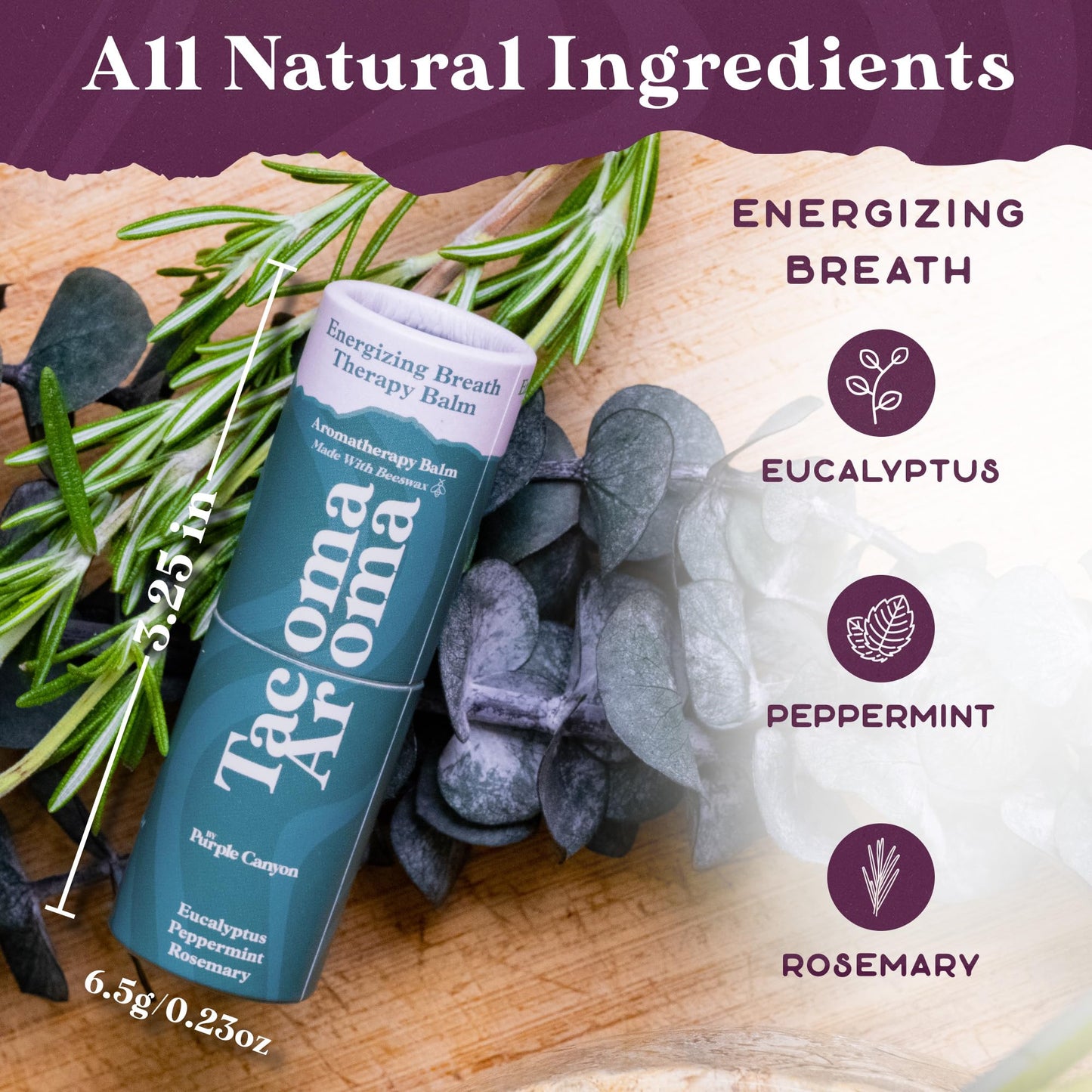 PURPLE CANYON Essential Oil Balm Stick | Energizing Breath Aromatherapy Balm | Body Balm Stick | Eucalyptus, Peppermint, Rosemary Essential Oils Blend Encourages Energy and Clarity | 6.5 Grams