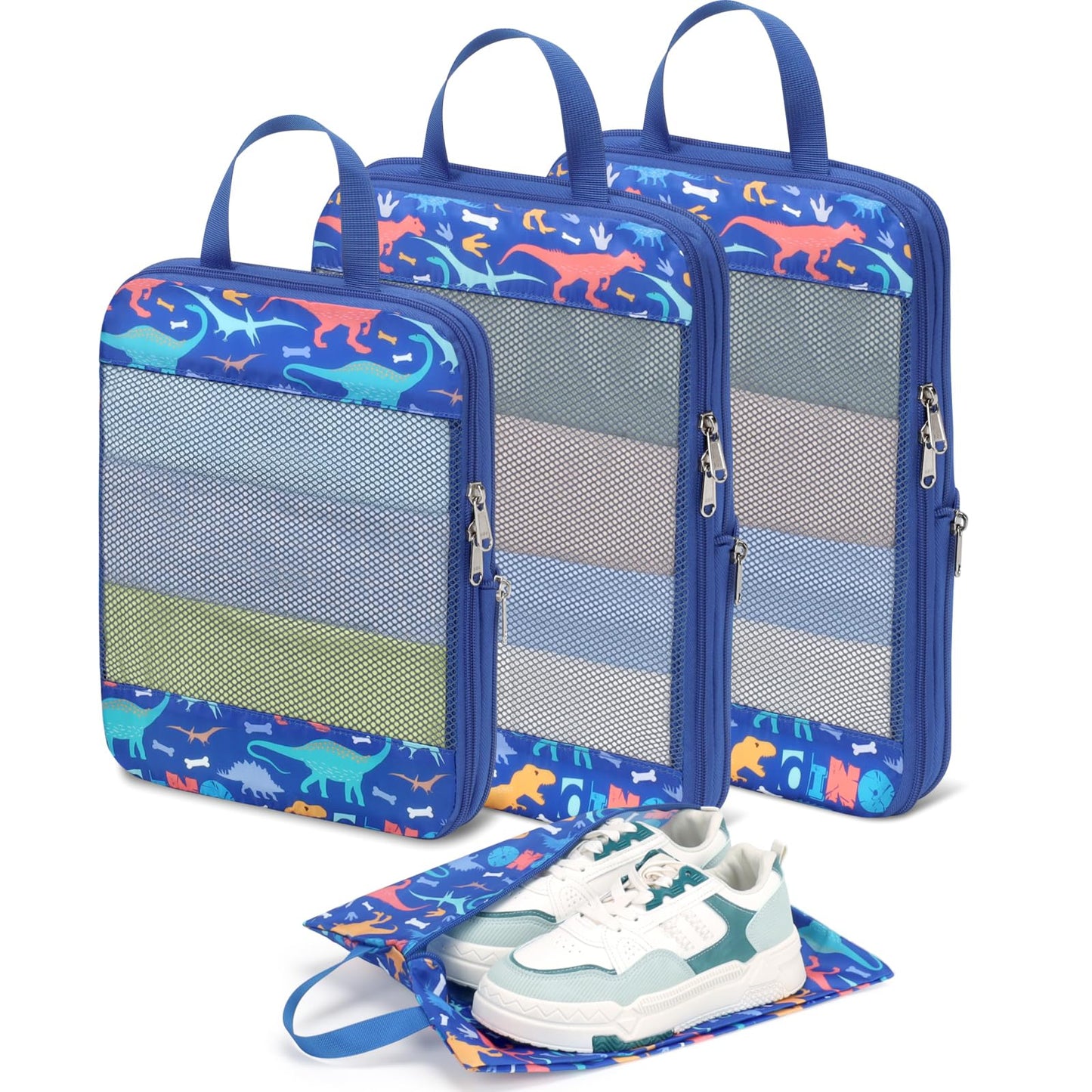 BrainyBees Kids Packing Cubes Compression - 4 Set Suitcase Organizers Bags for Travel and Backpack Luggage Organizer Set with Shoe Bag for Boys (Blue Dinosaur)