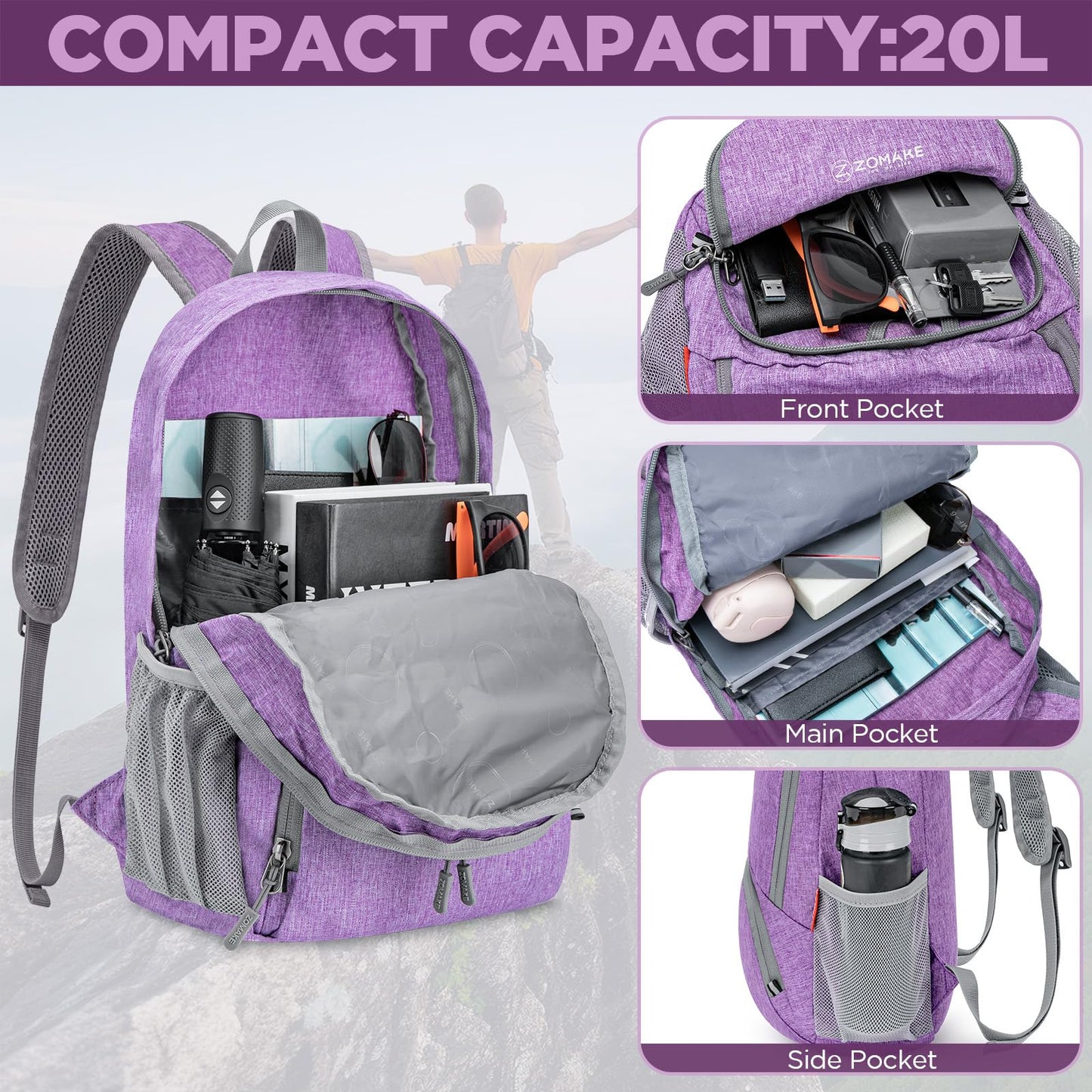 ZOMAKE Ultra Lightweight Packable Backpack 20L,Small Foldable Backpacks Hiking Water Resistant Collapsible Daypack for Women Men(Light Purple-C2)